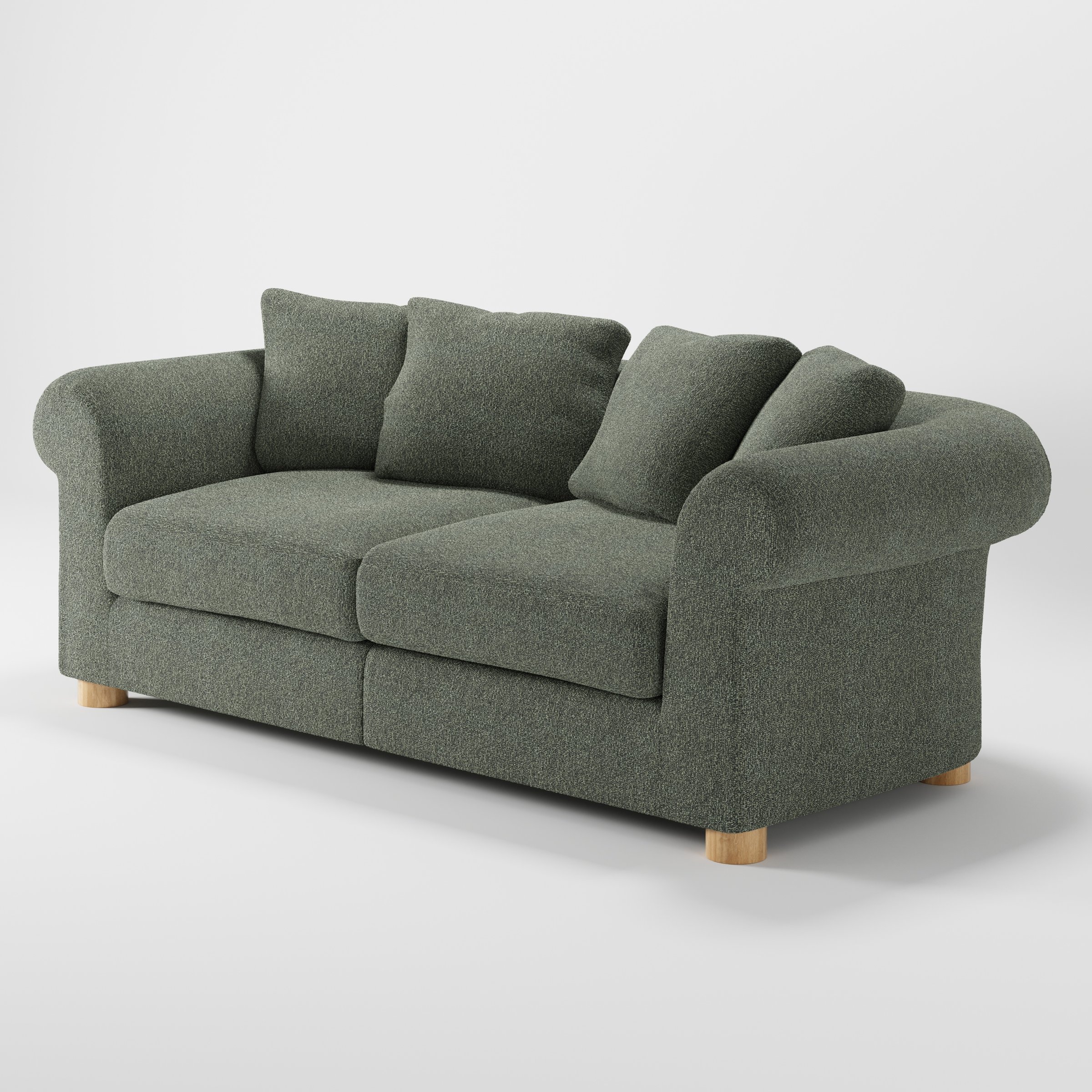 Windermere sofa in Kilda Boucle Moss shown at a diagonal angle highlighting arm profile and seat depth.