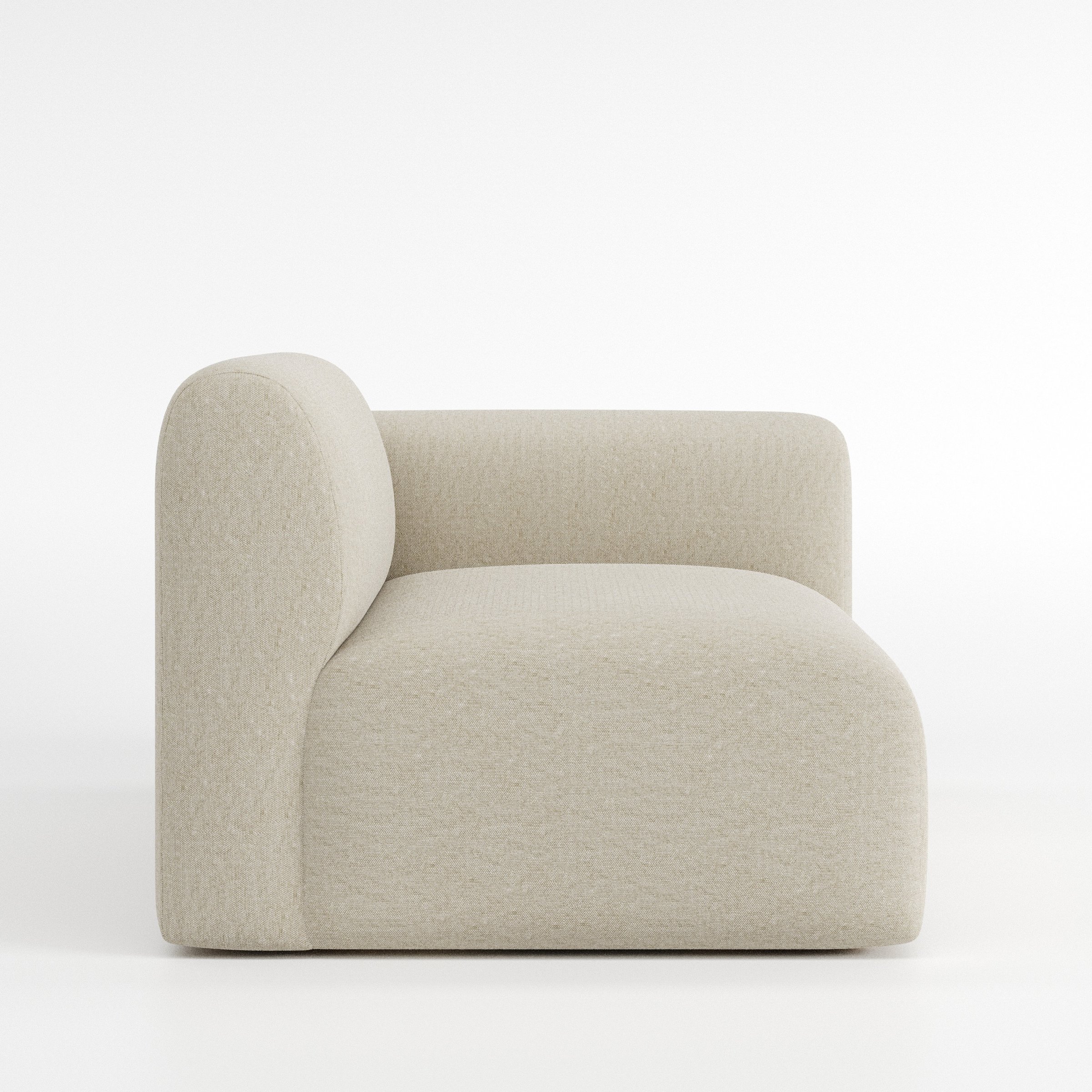 Drumquin modular sofa right side unit in Alderney Linen Oatmeal shown from the side showing the rounded right armrest and deep seat profile.