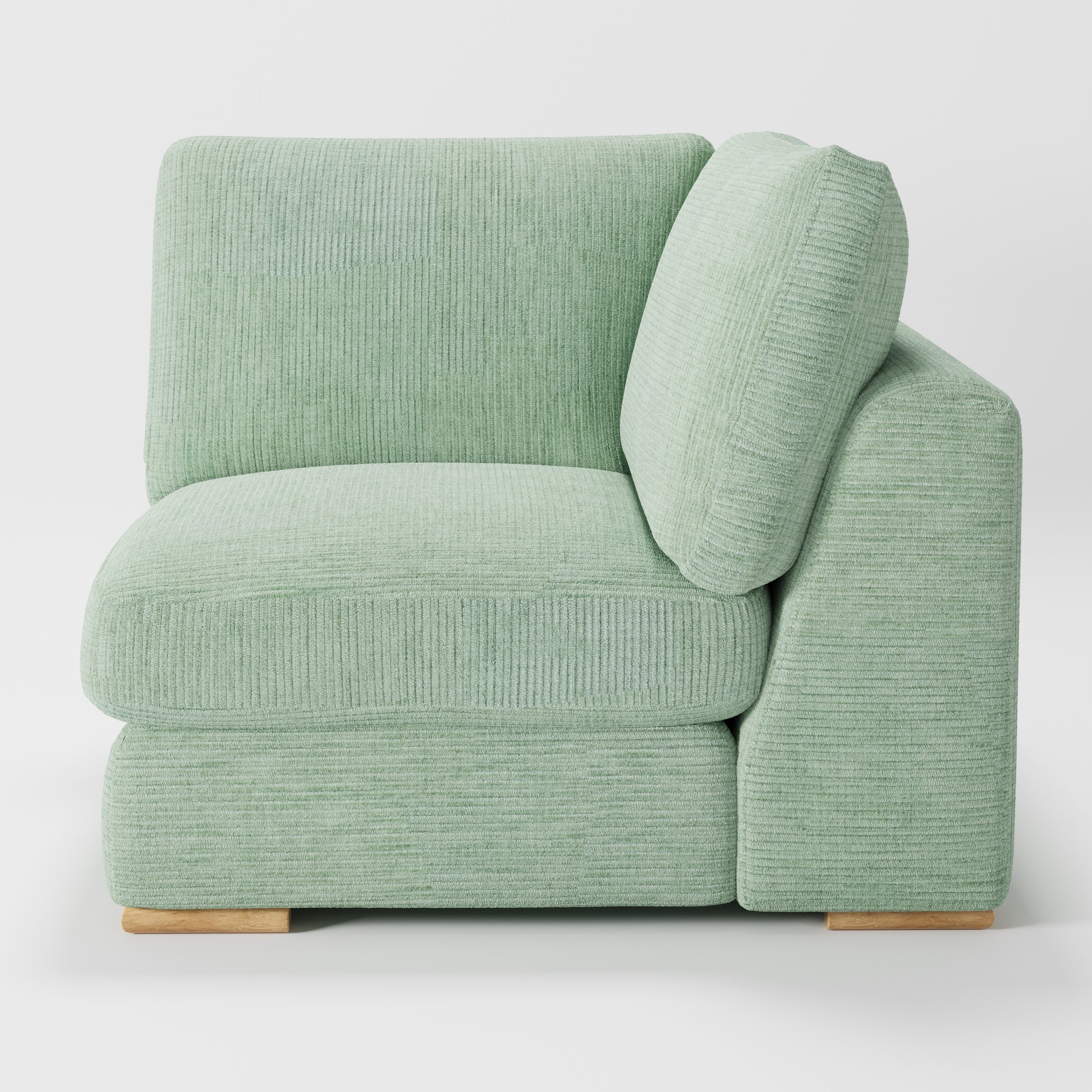 Olton corner unit in Caldey velvet corduroy eucalyptus fabric, right side view emphasising cushion depth and tonal finish
