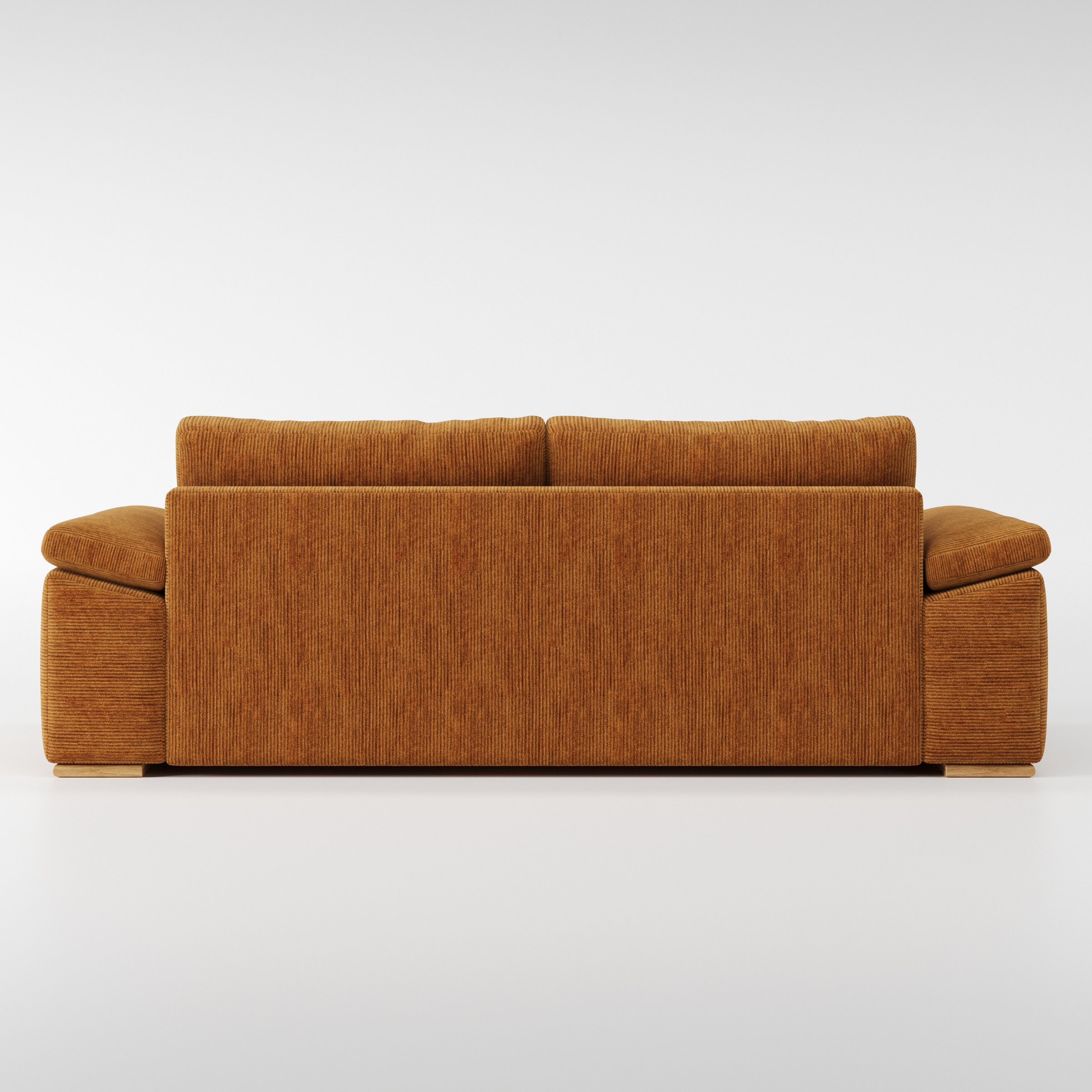 Moy sofa in Caldey Velvet Corduroy Tobacco shown from the rear highlighting back cushions and upholstery finish.