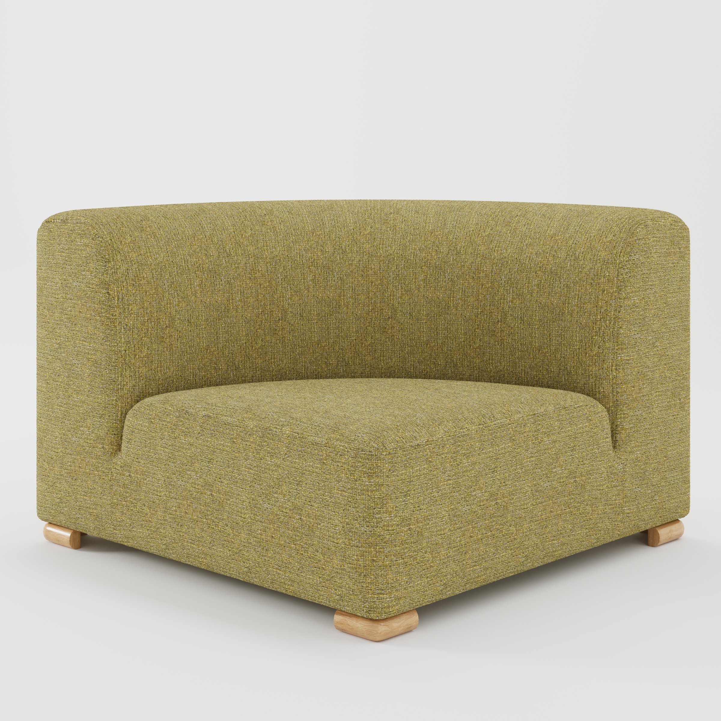 Tay corner sofa unit in Heyling Tweed Sencha shown from the front with a curved corner seat, wraparound backrest and visible timber feet.