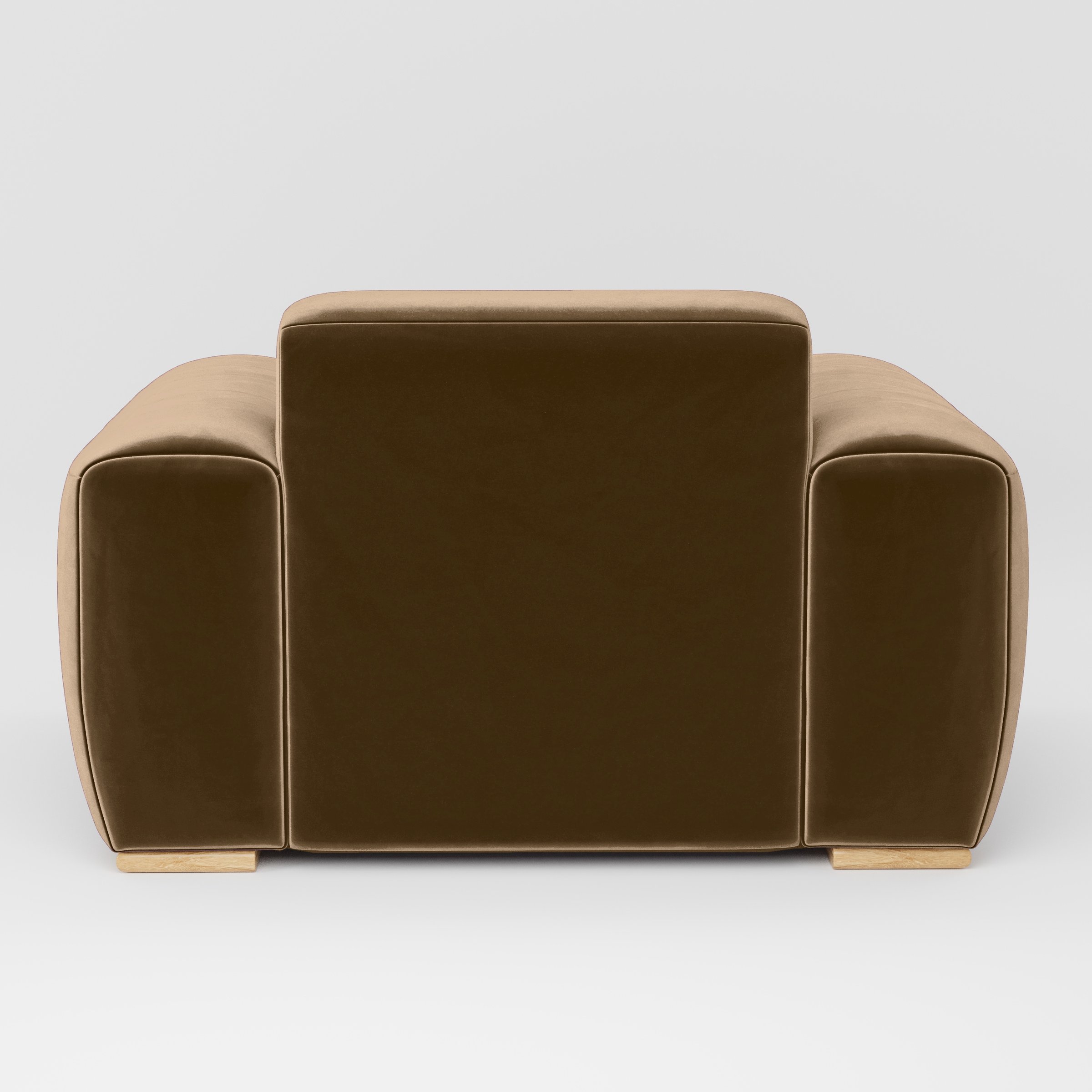 Rear view of the Darwell armchair upholstered in Plush EasyClean Velvet in Caribou.