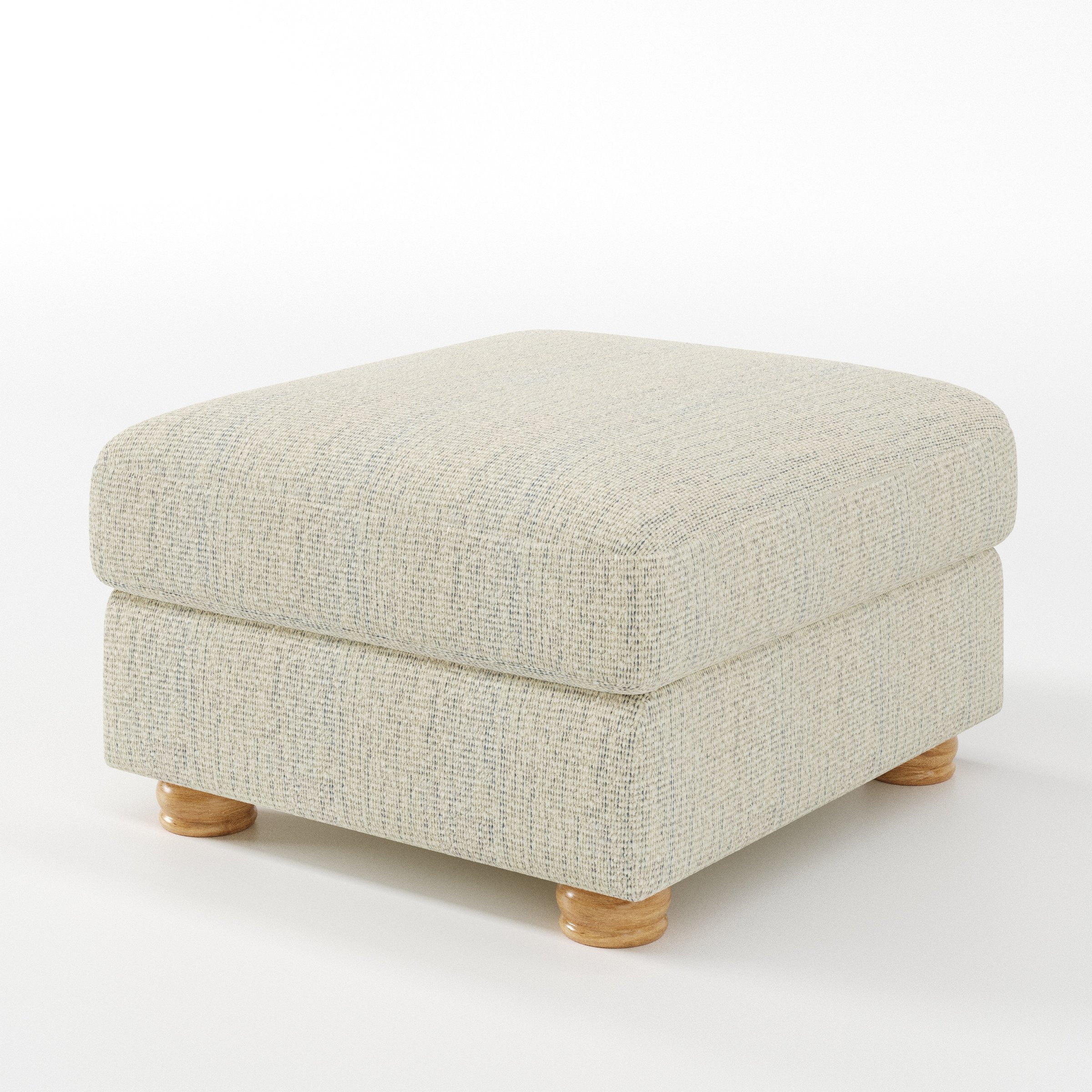 Anna Lee footstool in Orsay Boucle Cream and Marine shown at a diagonal angle highlighting soft cushioning and turned wooden feet.