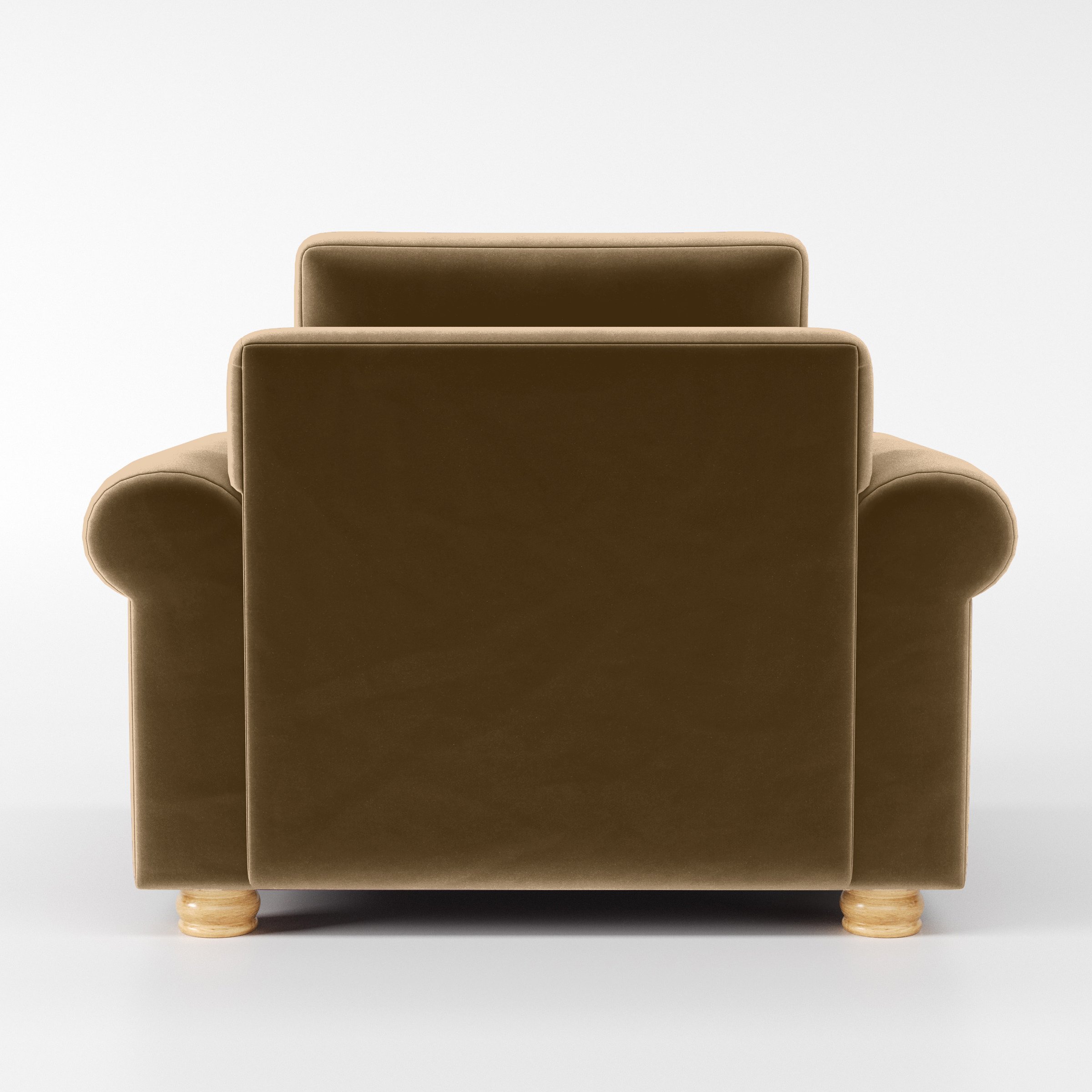 Rear view of the Anna Lee armchair upholstered in Plush EasyClean Velvet in Caribou.