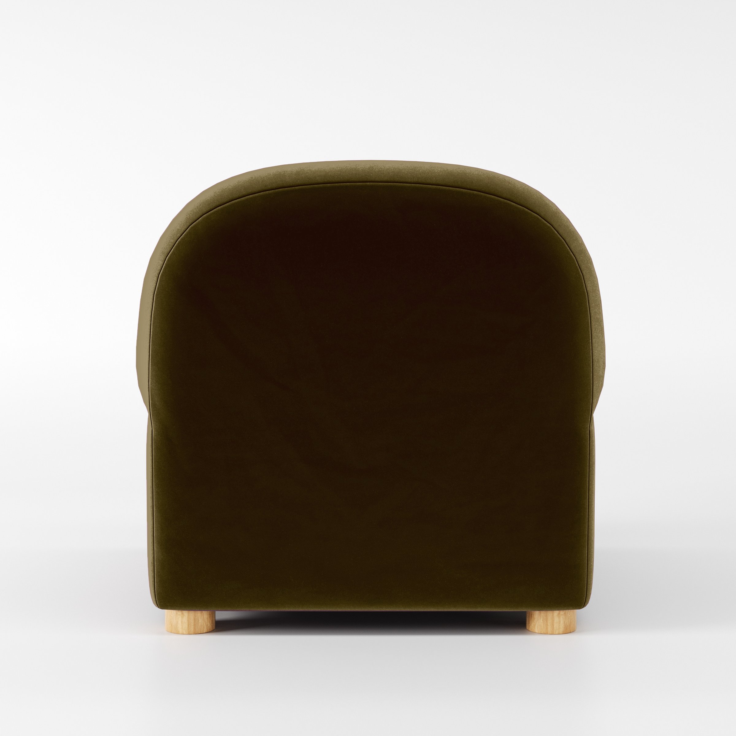 Rear view of the Awe armchair upholstered in Plush EasyClean Velvet in Cedar.