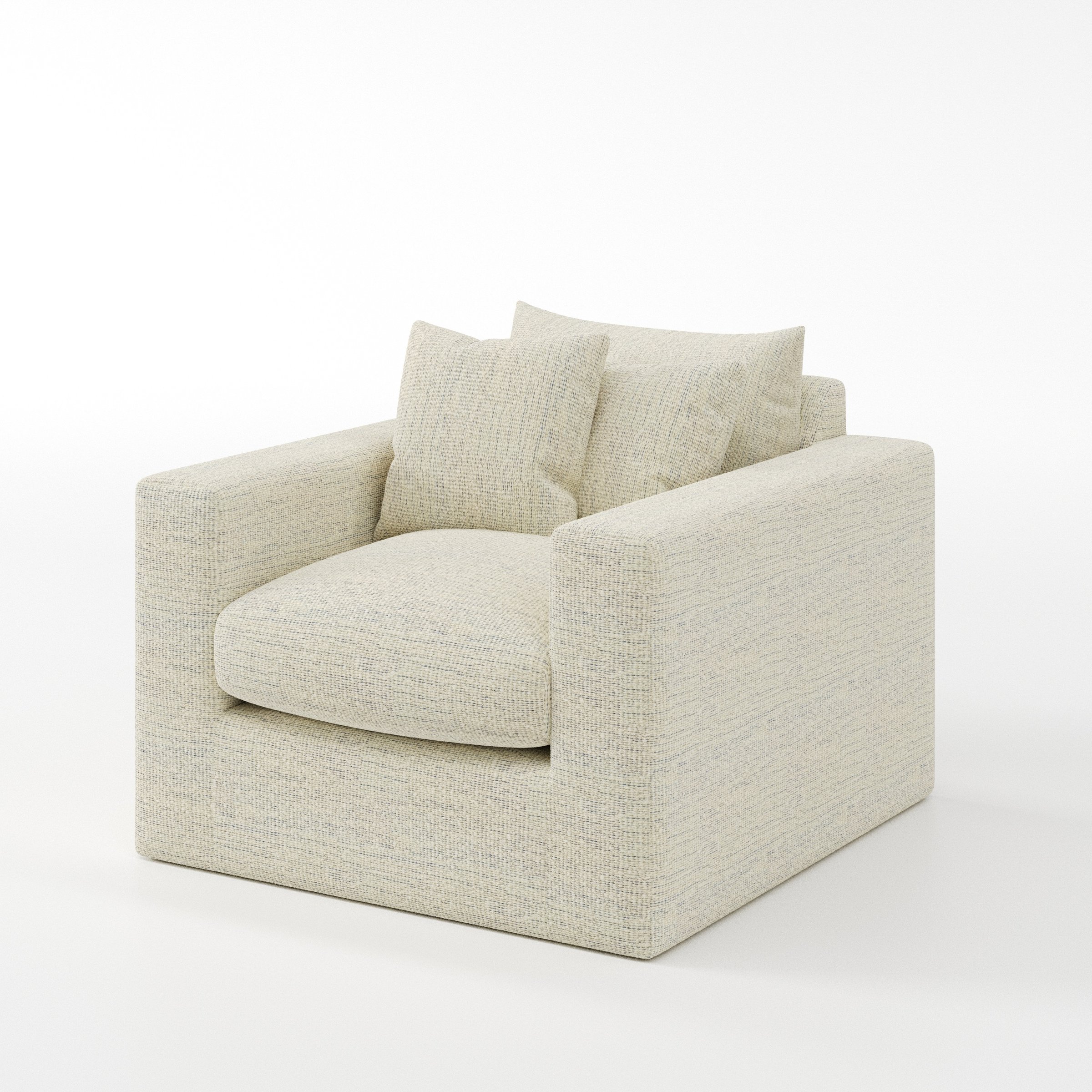 Coniston armchair in Orsay Boucle Cream and Marine shown at a diagonal angle highlighting arms and seat depth.