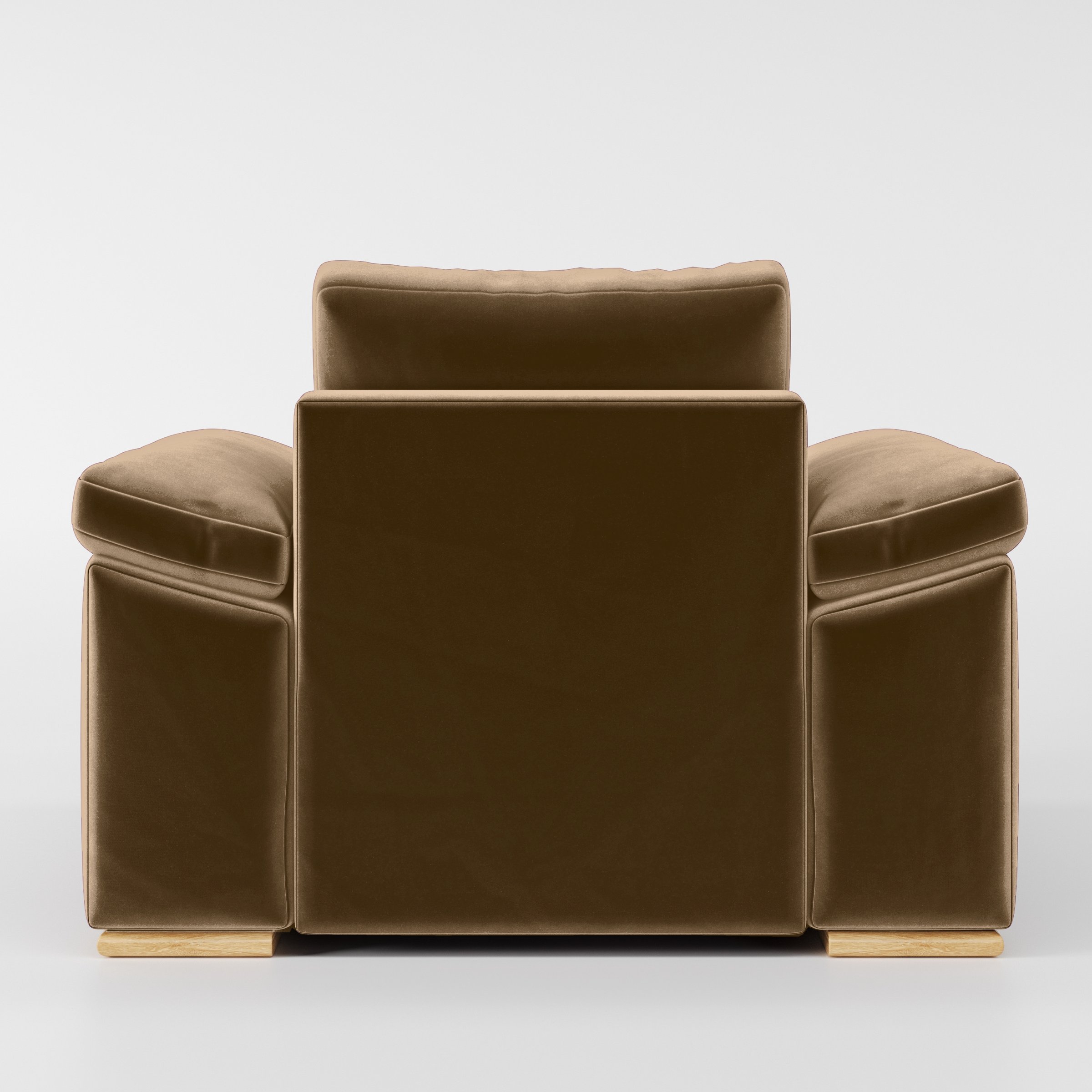 Rear view of the Moy armchair upholstered in Plush EasyClean Velvet in Caribou.