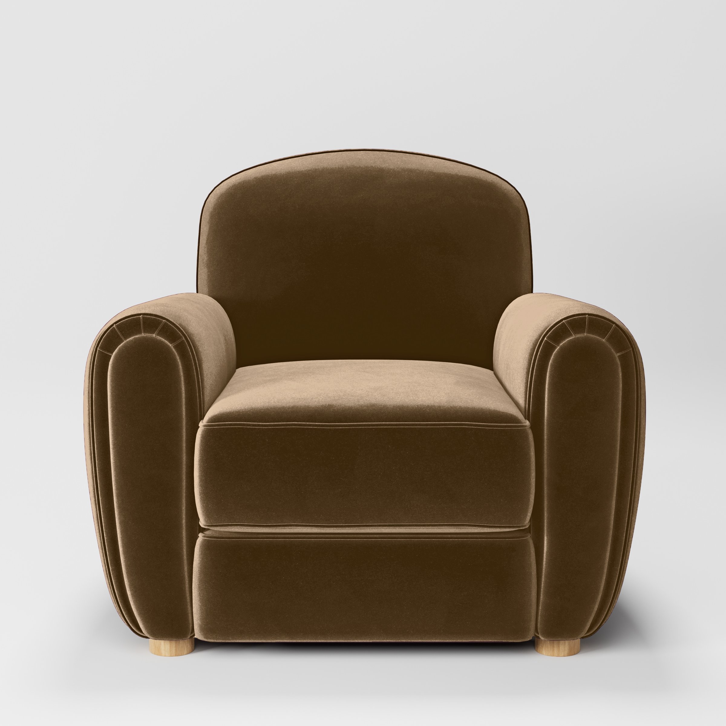 Front view of the Fergus armchair upholstered in Plush EasyClean Velvet in Caribou.
