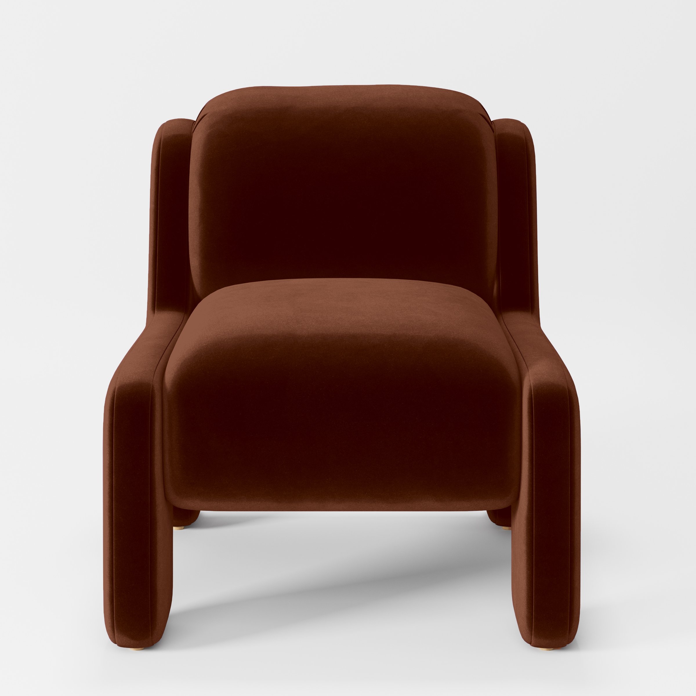 Front view of the Inny armchair upholstered in Plush EasyClean Velvet in Maple.