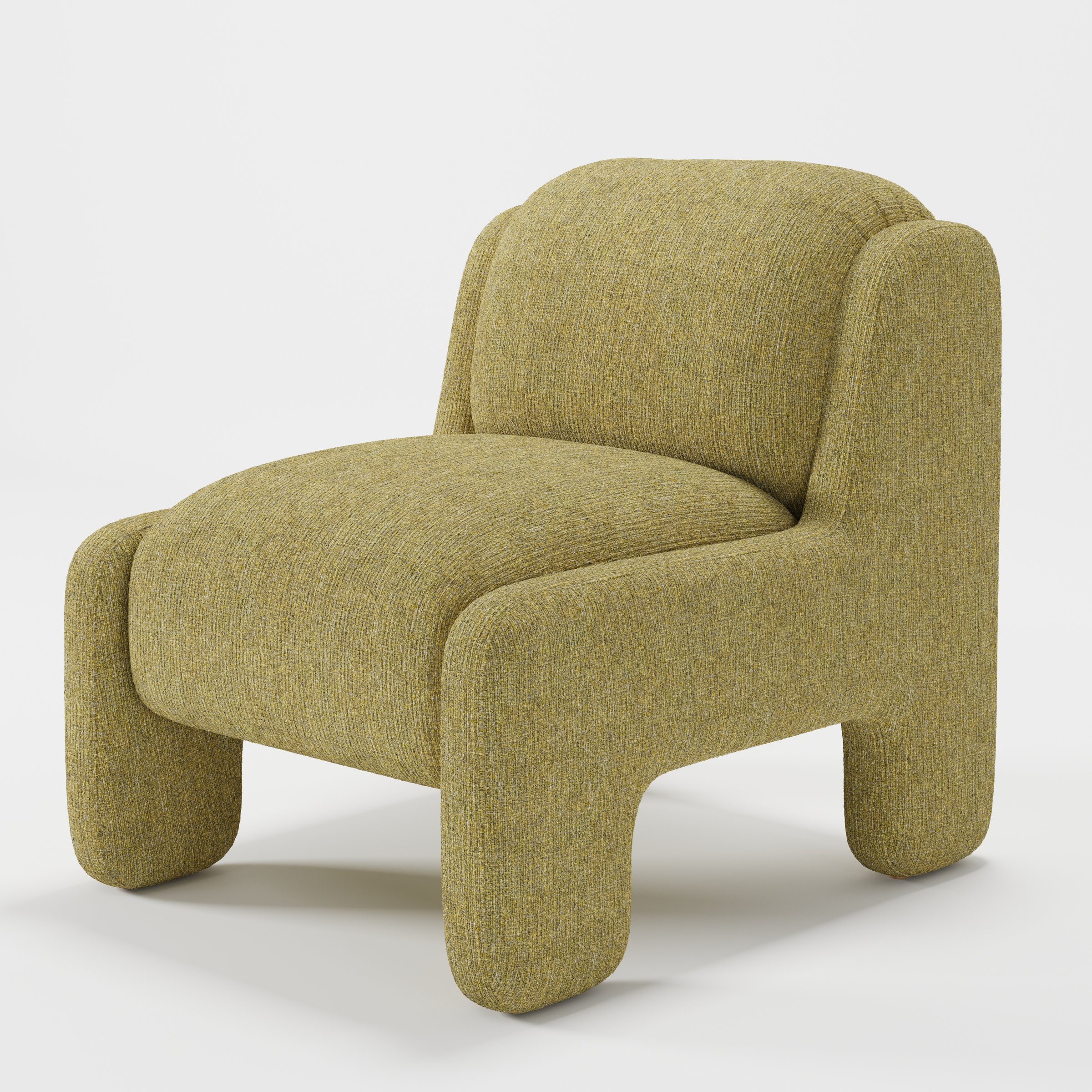 Inny armchair in Heyling Tweed Sencha shown at a diagonal angle highlighting sculpted form and low seat.