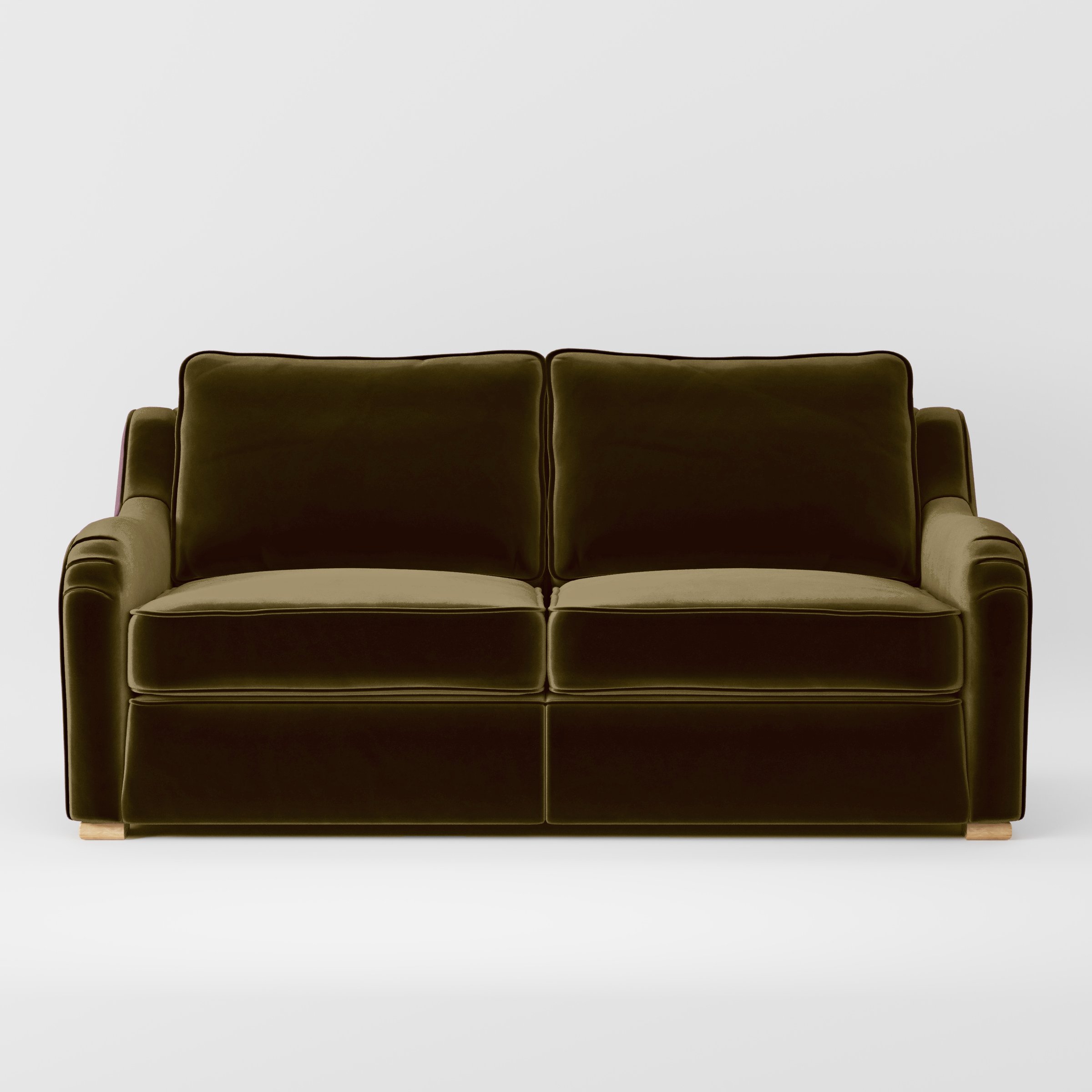 Front view of the Cashel sofa upholstered in Plush EasyClean Velvet in Cedar.