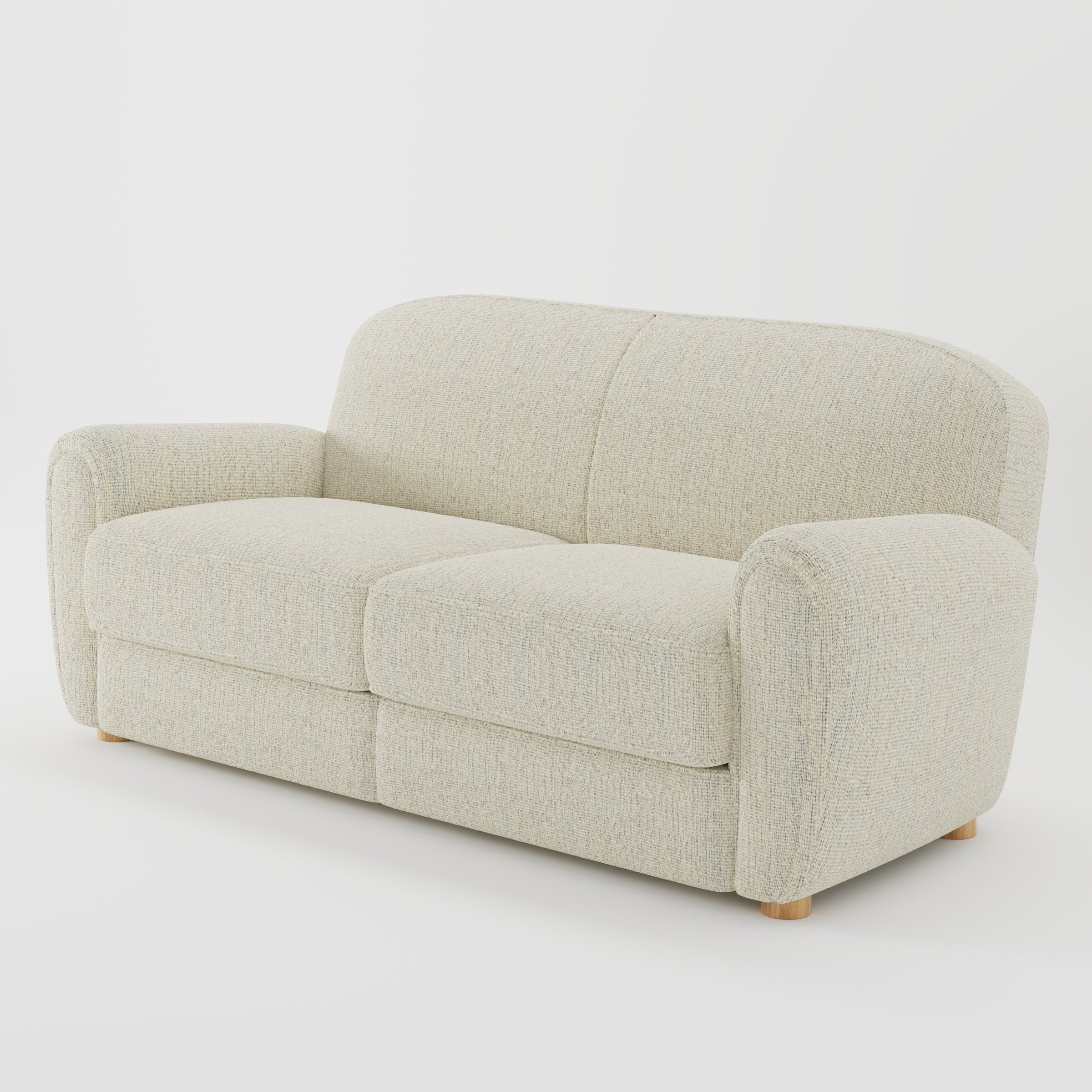 Fergus sofa in Orsay Boucle Cream and Marine shown at a diagonal angle highlighting arm profile and seat depth.