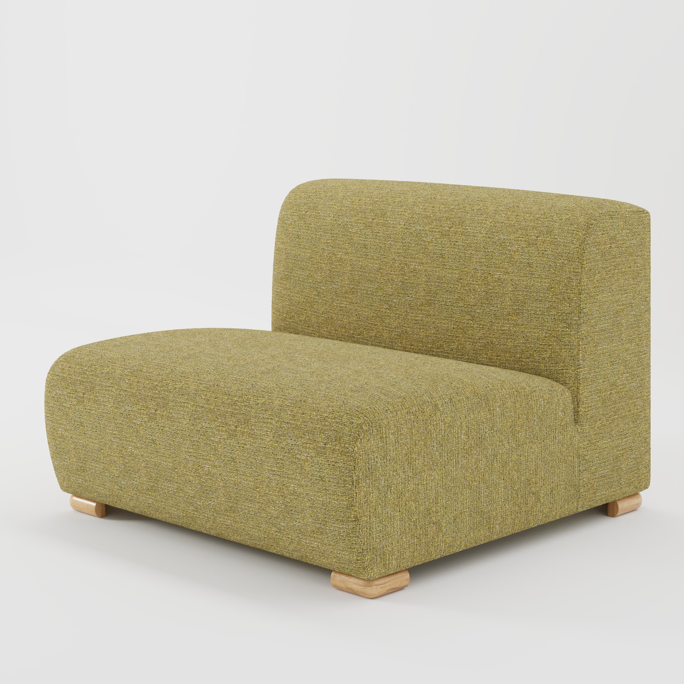 Tay single sofa unit in Heyling Tweed Sencha shown at a diagonal angle highlighting its soft rounded edges and compact, armless form.