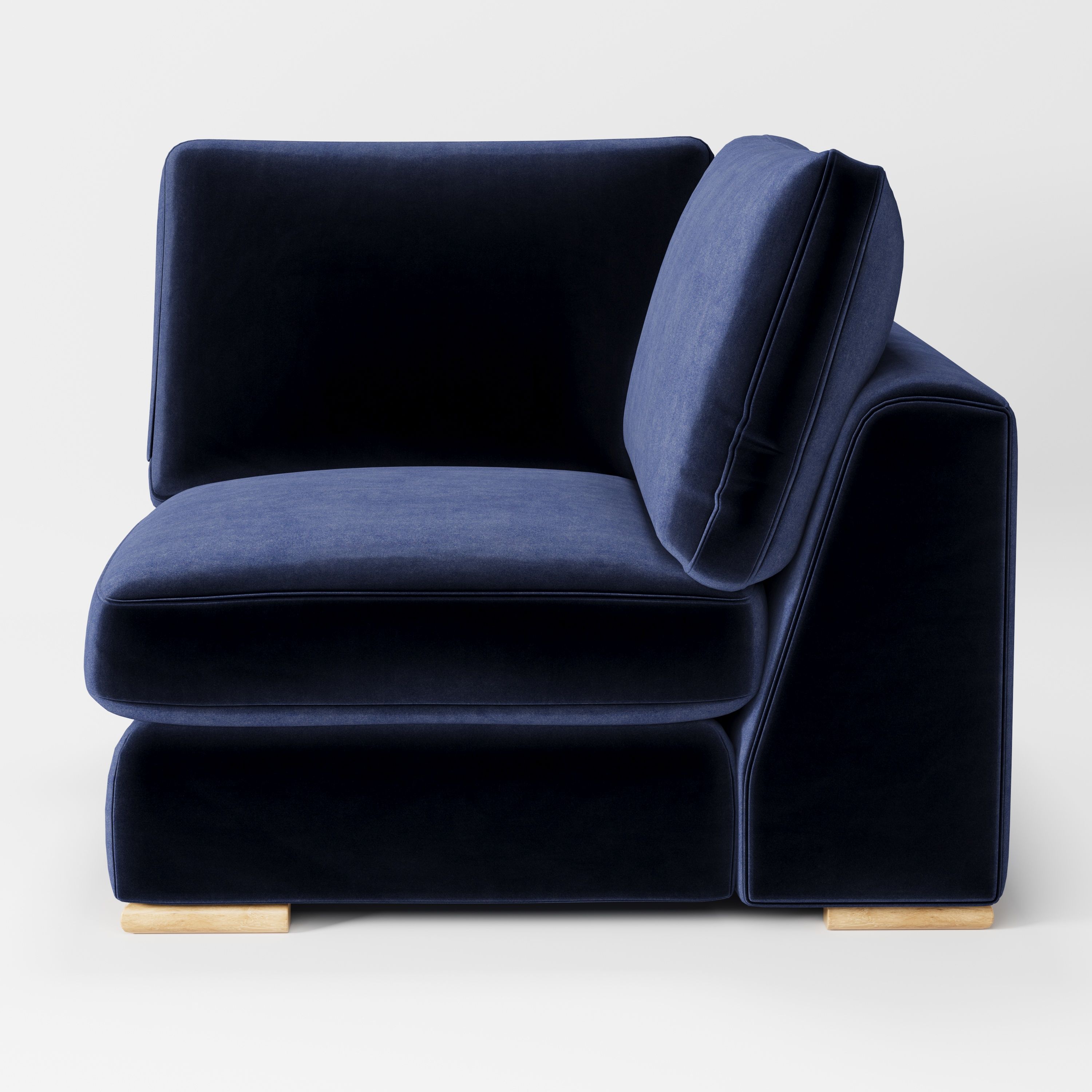 Olton corner unit in Noss velvet navy fabric, right side view emphasising supportive back and velvet texture