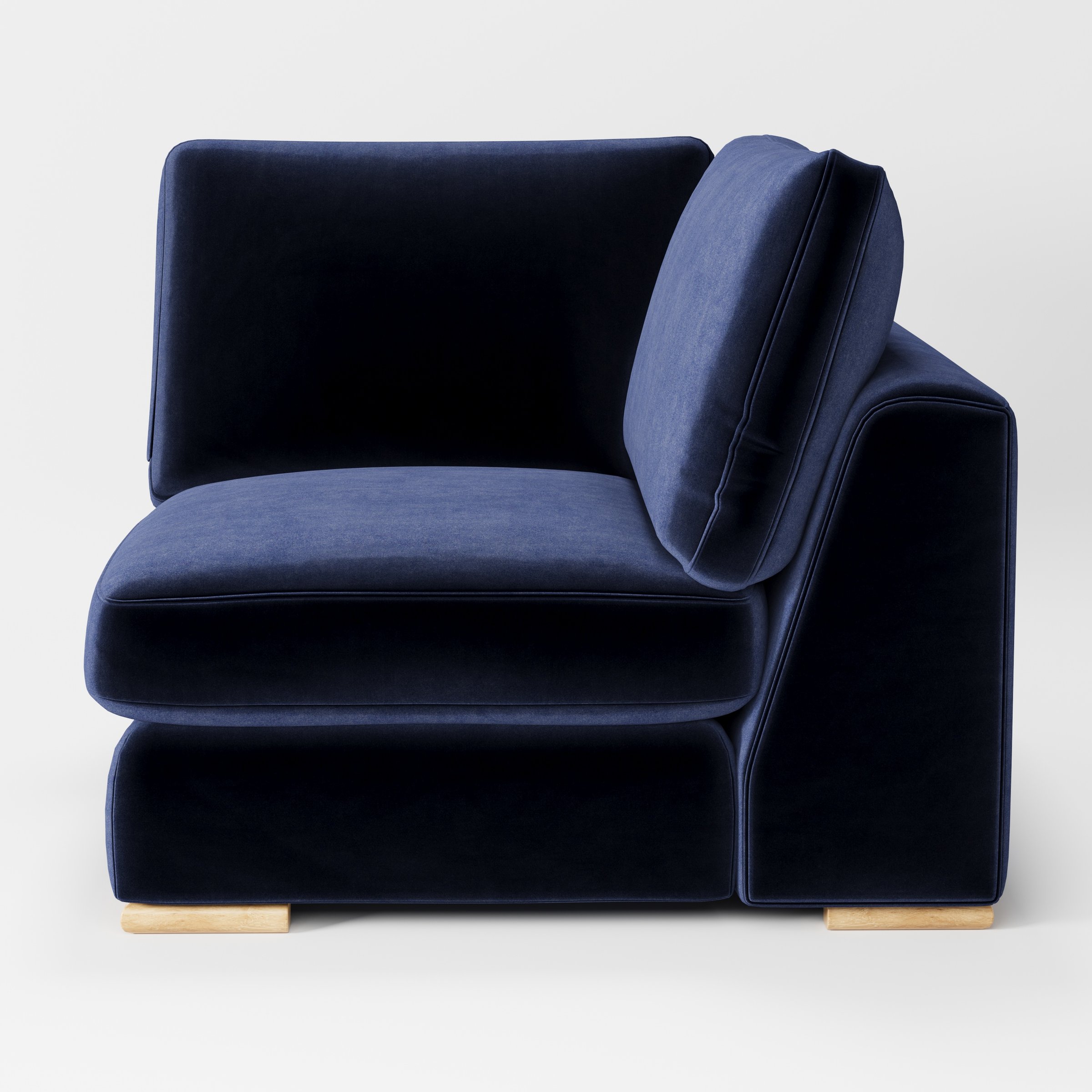 Olton corner unit in Noss velvet navy fabric, right side view emphasising supportive back and velvet texture