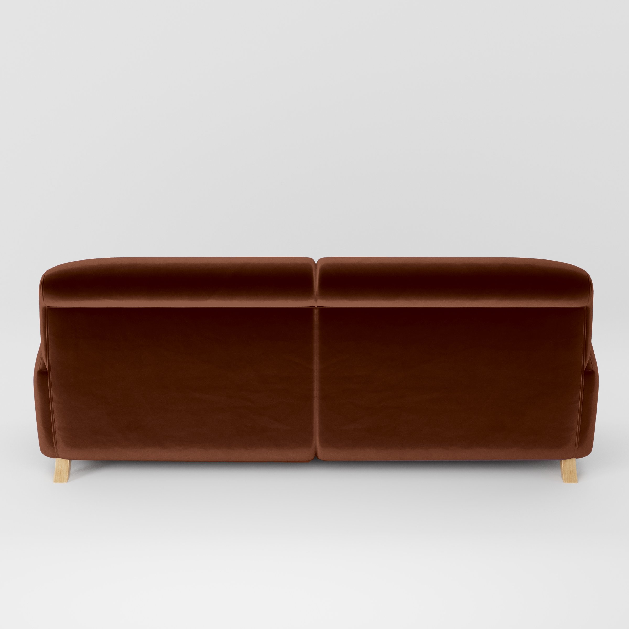 Rear view of the Rye sofa upholstered in Plush EasyClean Velvet in Maple.