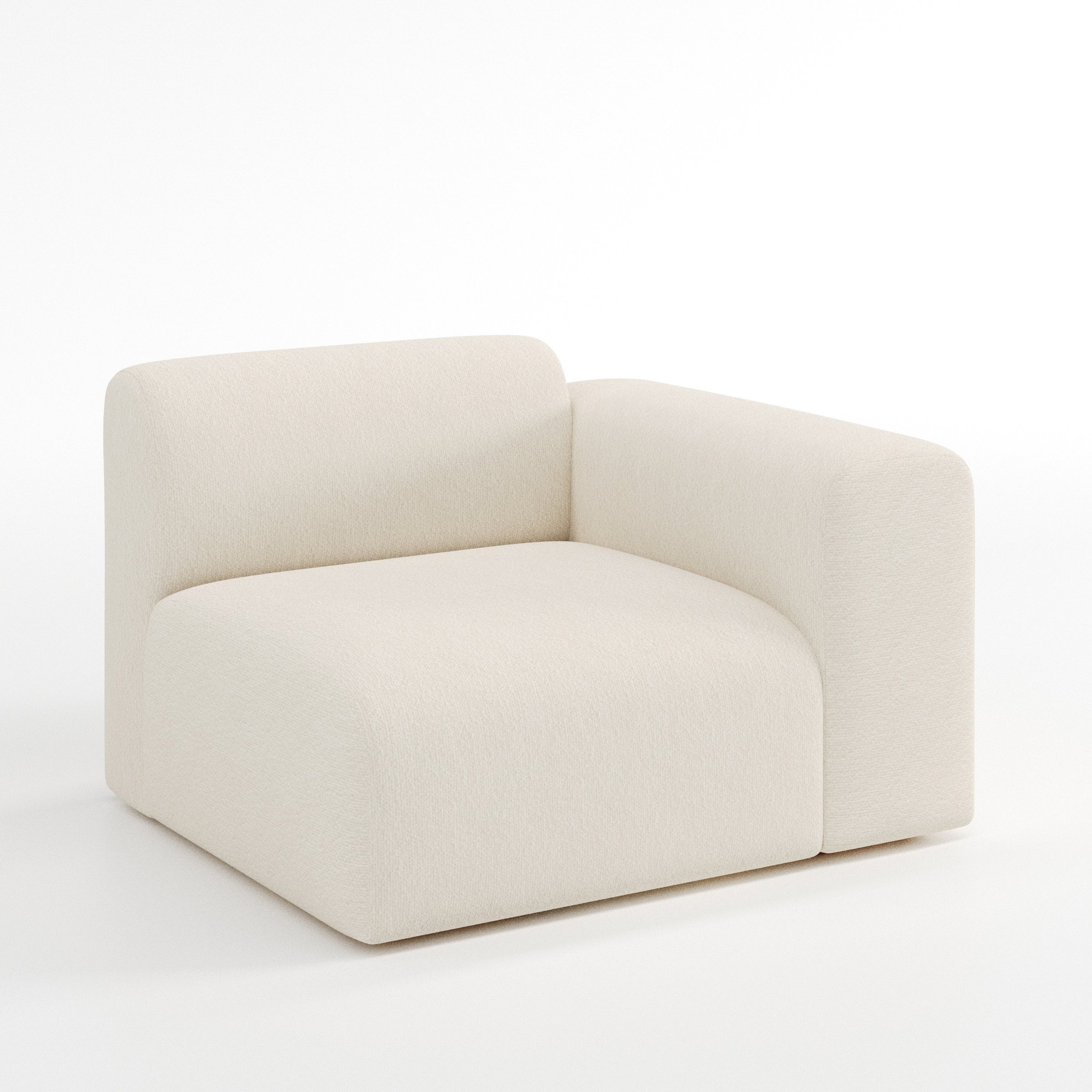 Drumquin modular sofa right side unit in Kilda Bouclé Cream shown at a diagonal angle highlighting the curved right armrest and generous seat depth.