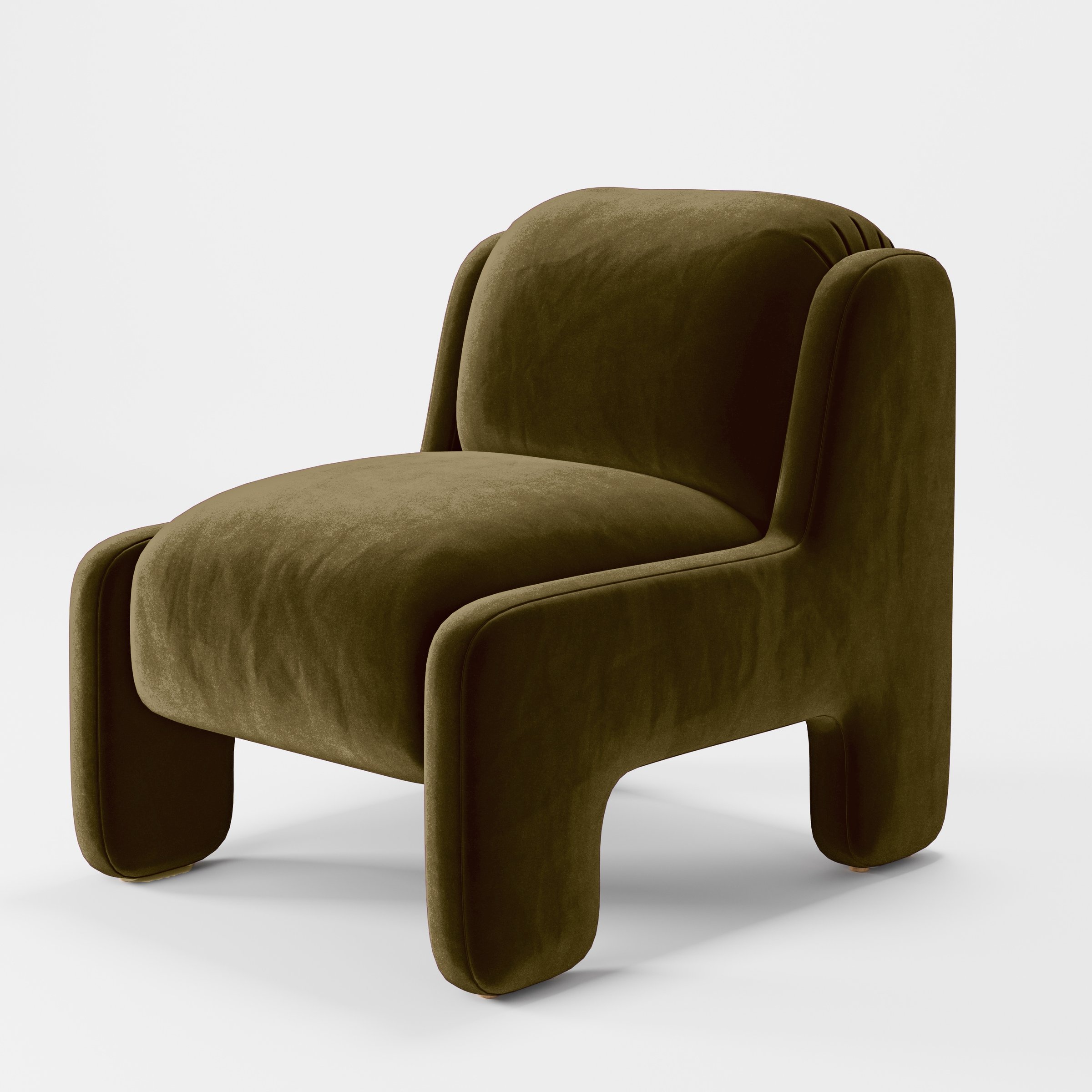 Diagonal view of the Inny armchair upholstered in Plush EasyClean Velvet in Cedar.