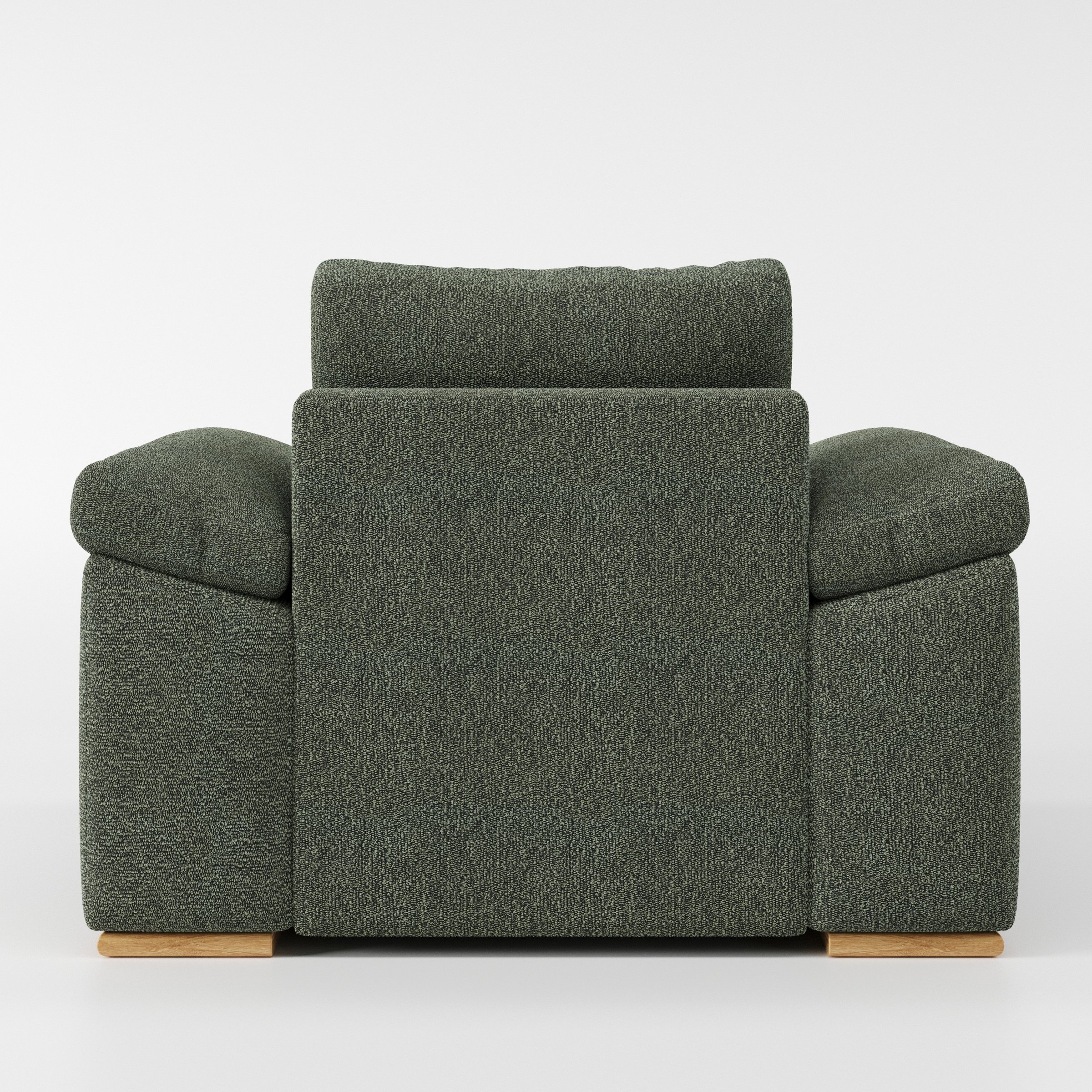 Moy armchair in Kilda Boucle Moss shown from the rear highlighting backrest shape and upholstery finish.