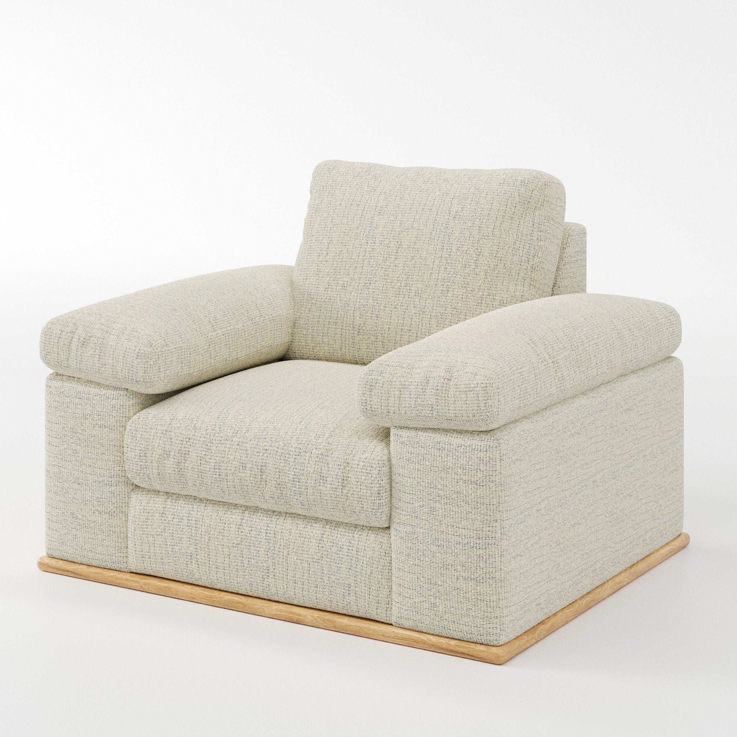Cusher armchair in Orsay Boucle Cream and Marine shown at a diagonal angle highlighting arms and seat depth.