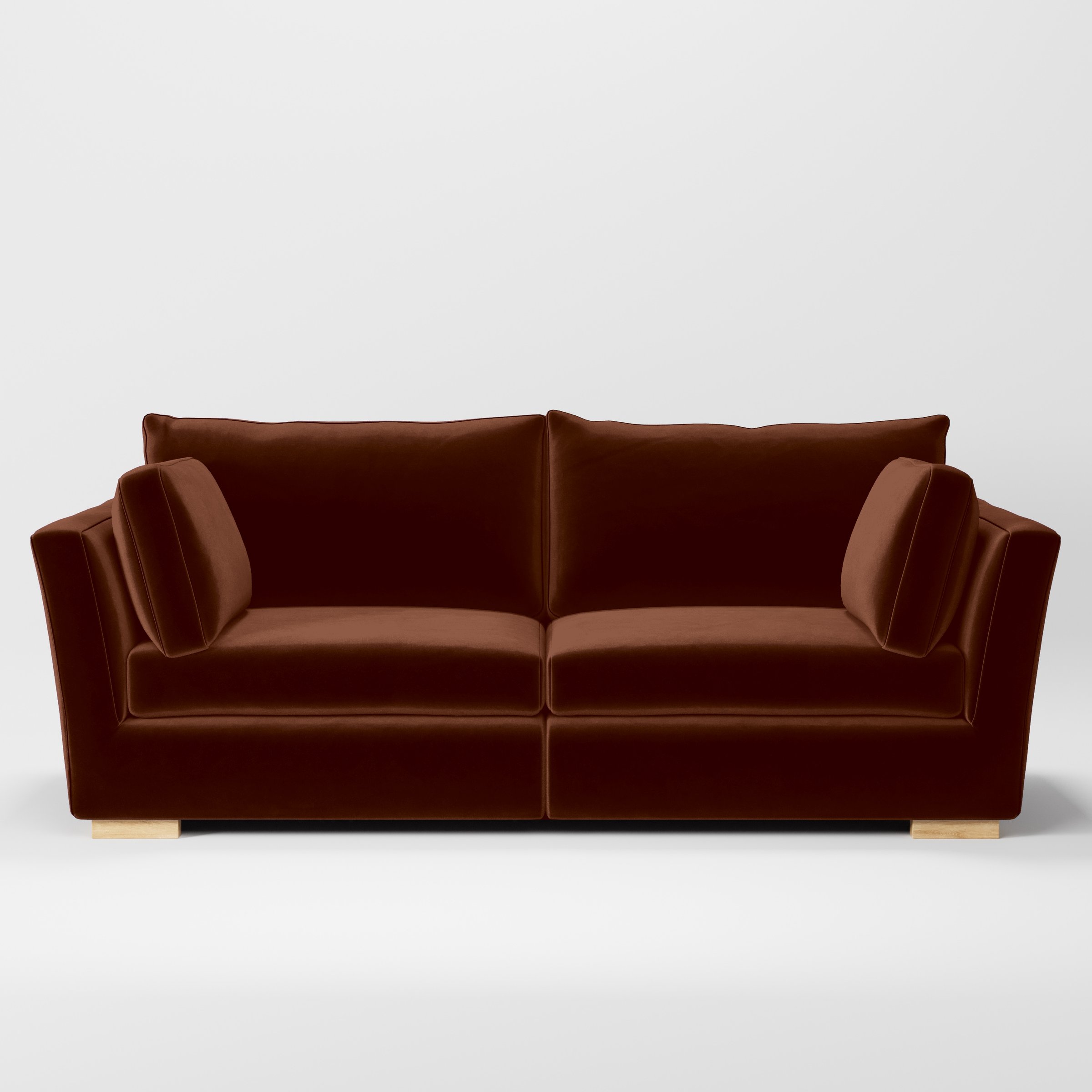 Front view of the Stowe sofa upholstered in Plush EasyClean Velvet in Maple.