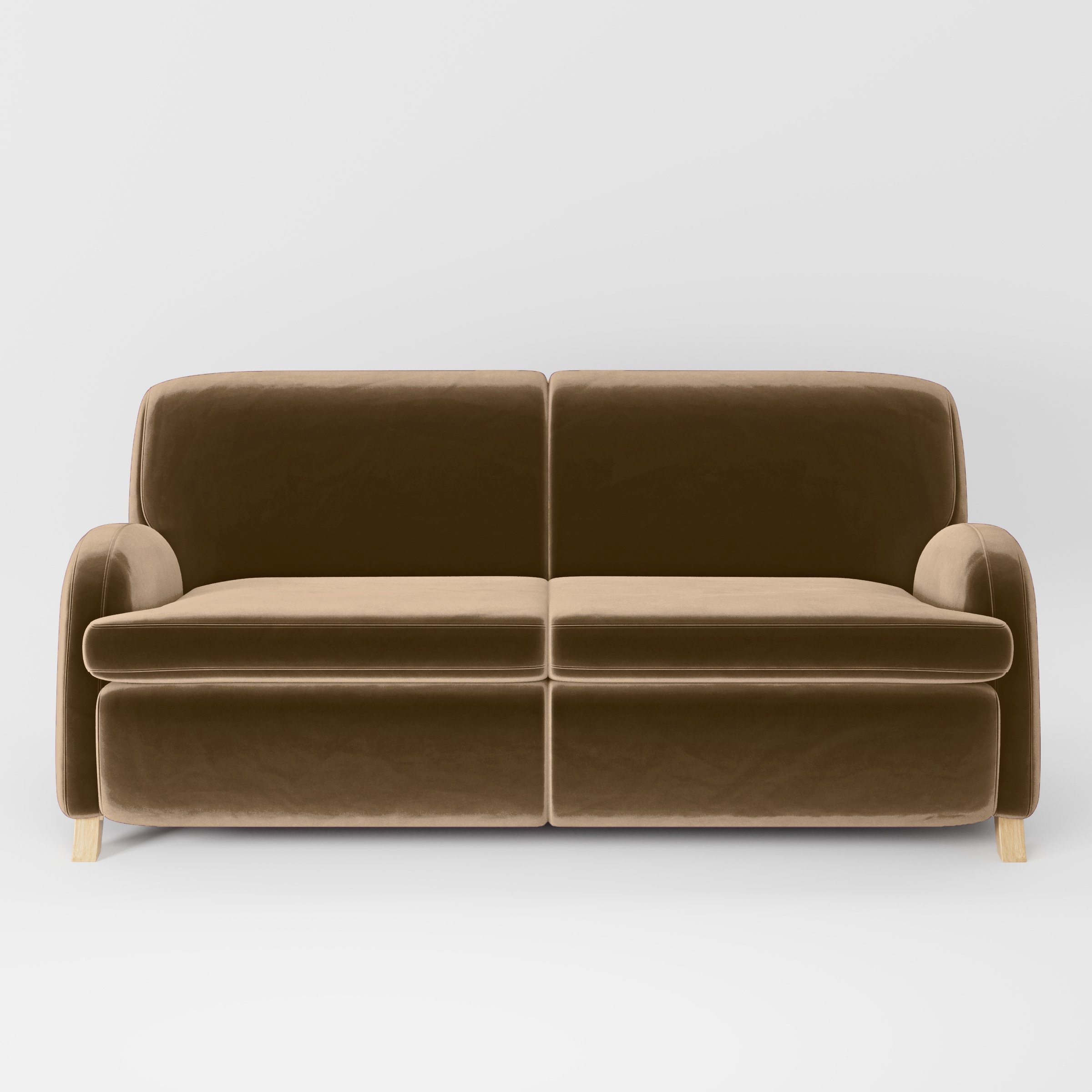 Front view of the Rye sofa upholstered in Plush EasyClean Velvet in Caribou.