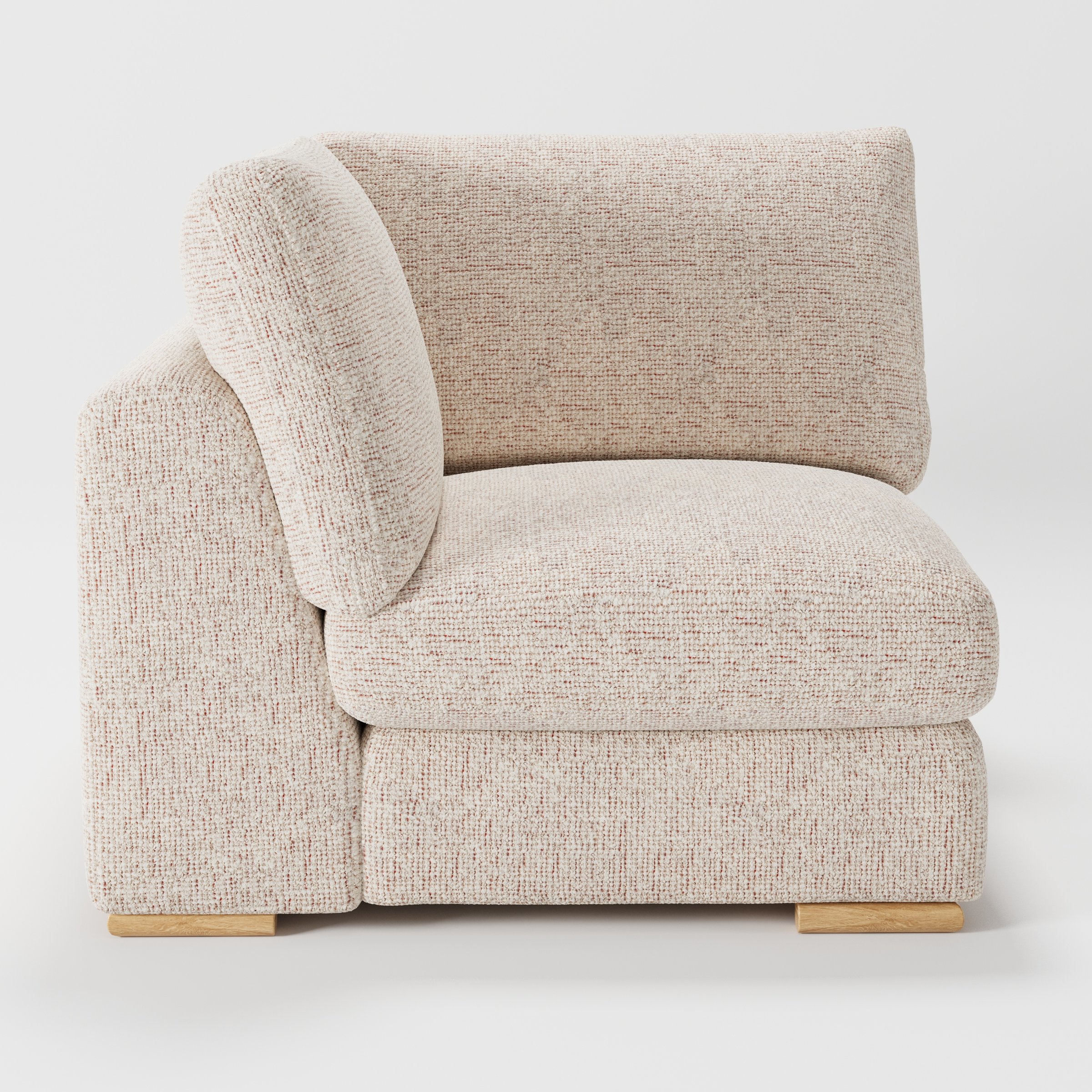 Olton corner unit in Orsay bouclé cream and copper fabric, left side view showing sculpted arm and tactile surface