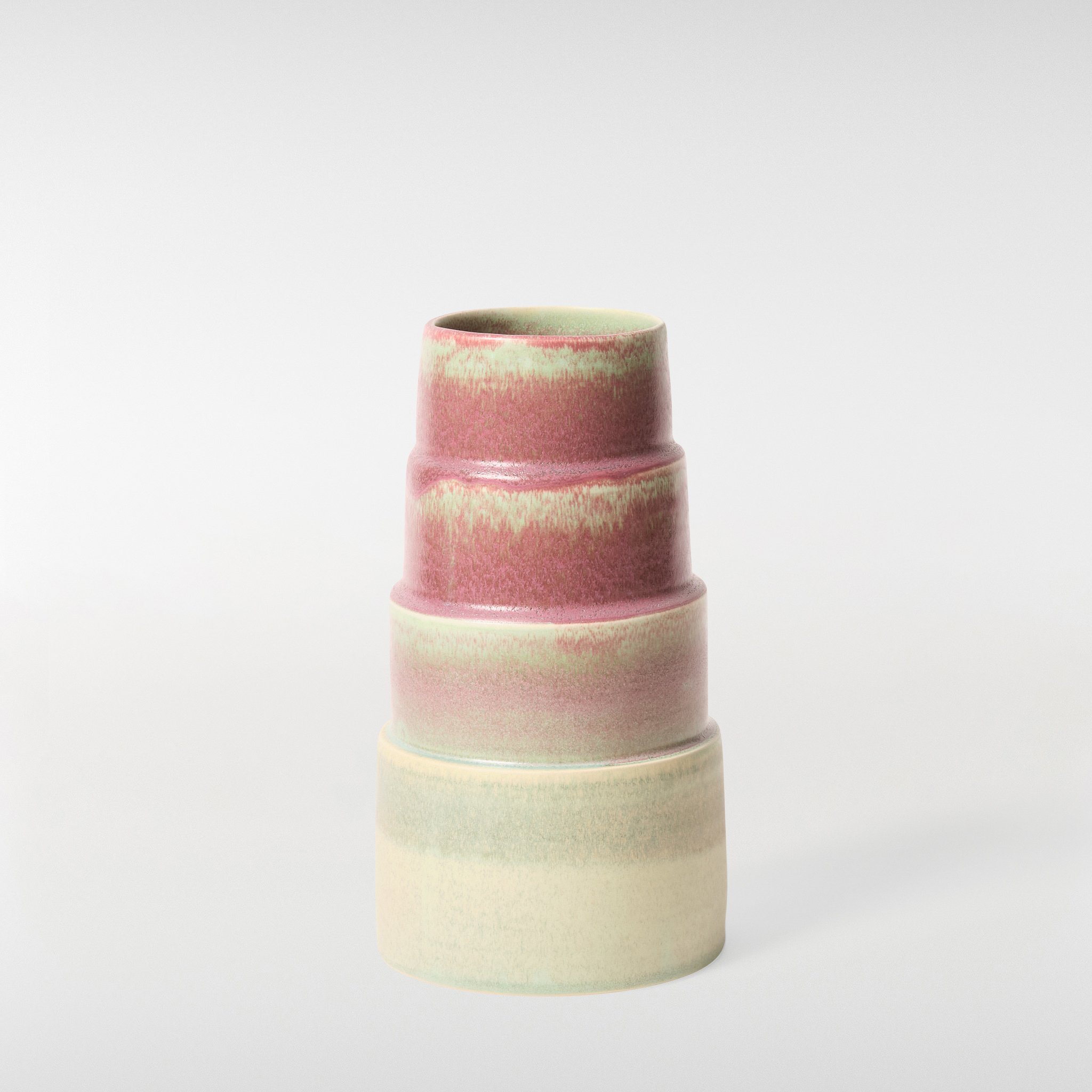 Glint Vase 2 in multicolour glaze, stacked ceramic vase with soft pink, green and cream tones