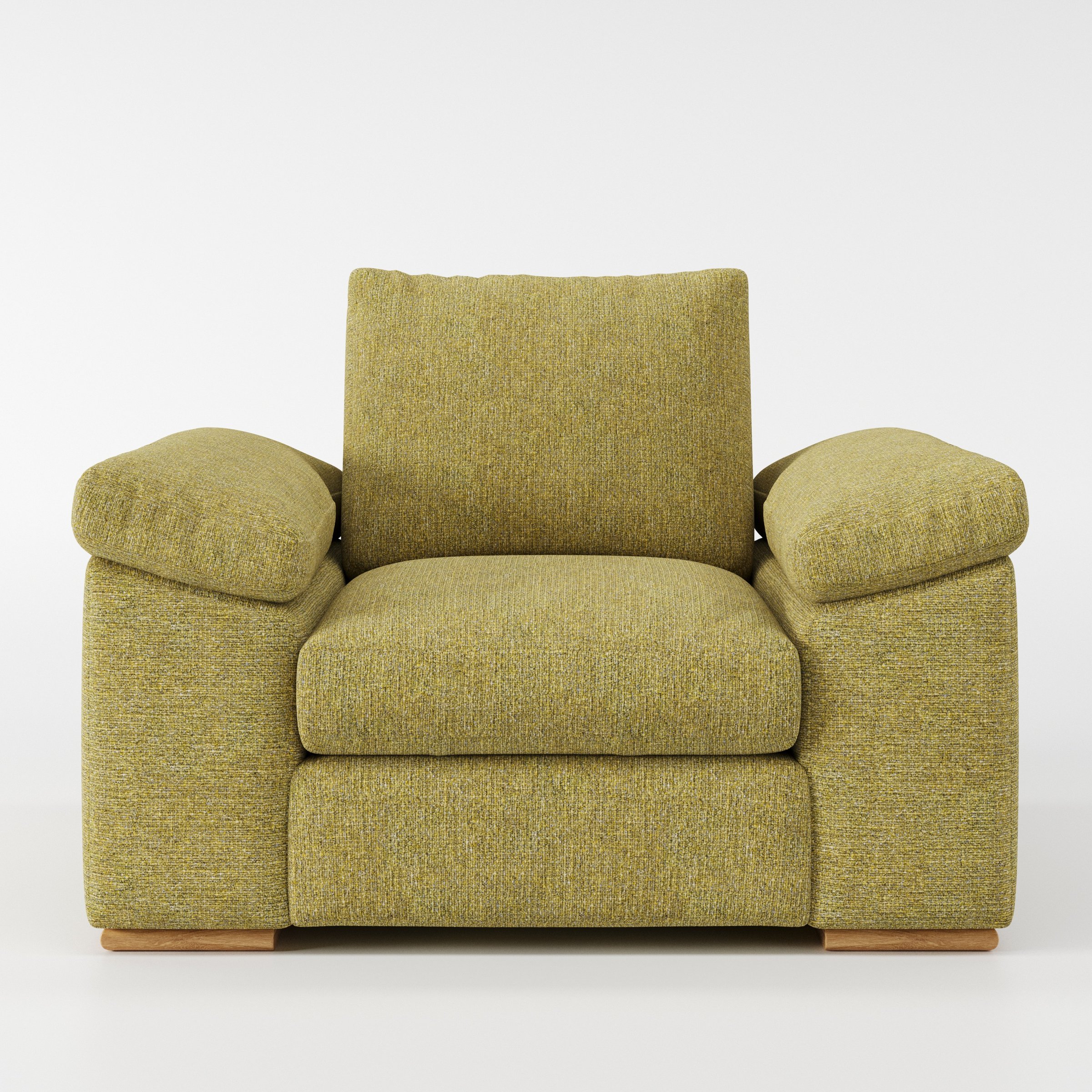 Moy armchair in Heyling Tweed Sencha shown front-on against a neutral studio backdrop.