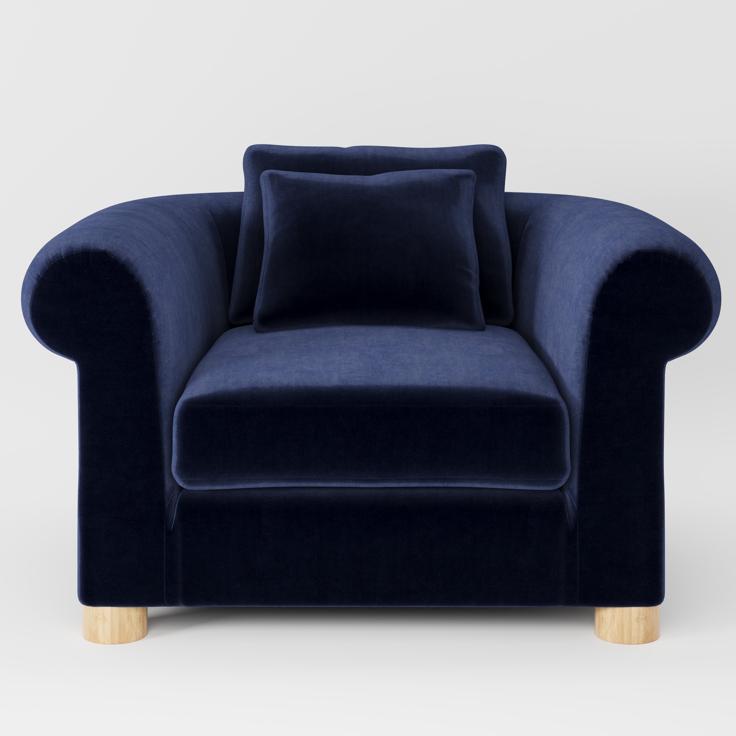 Windermere armchair in Noss Velvet Navy shown front-on against a neutral studio backdrop.
