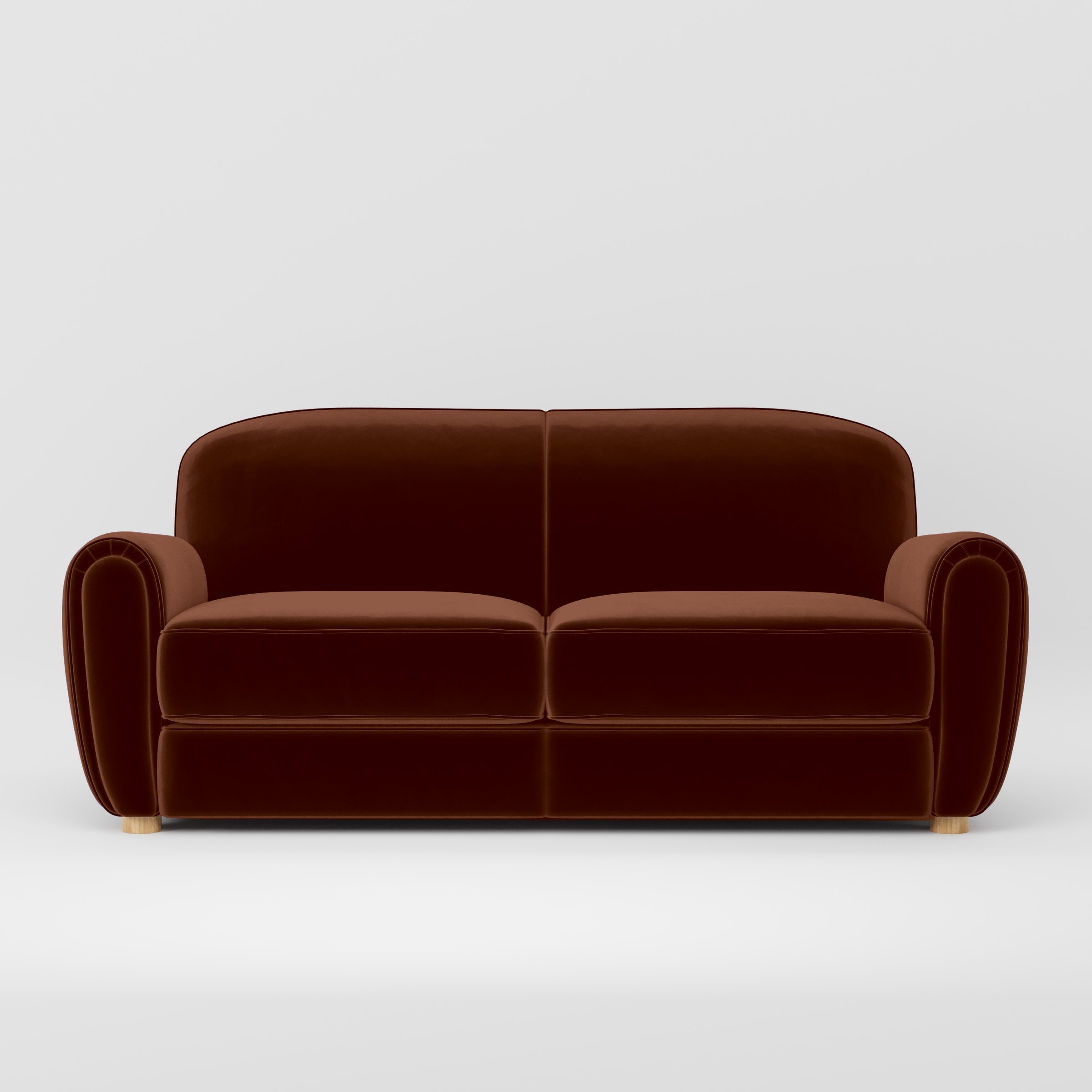 Front view of the Fergus sofa upholstered in Plush EasyClean Velvet in Maple.