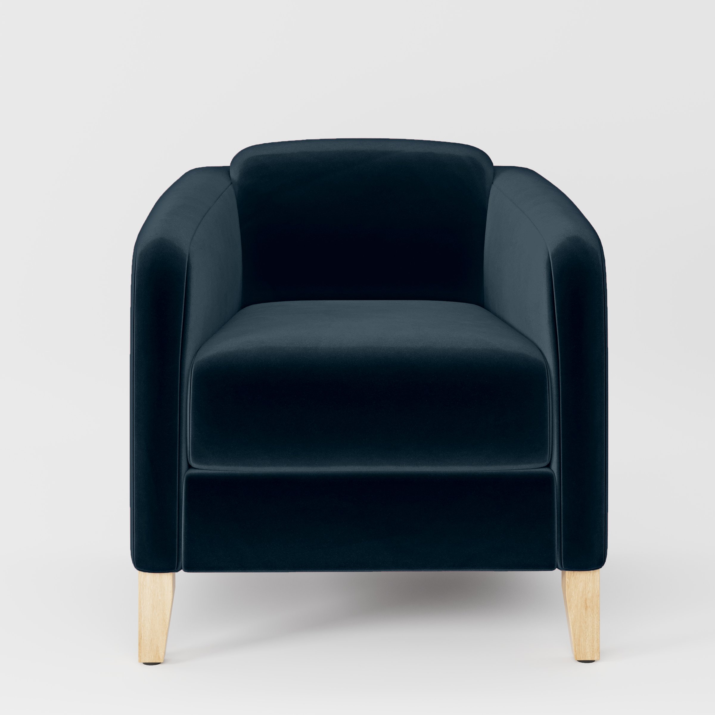 Front view of the Erne armchair upholstered in Plush EasyClean Velvet in Navy.