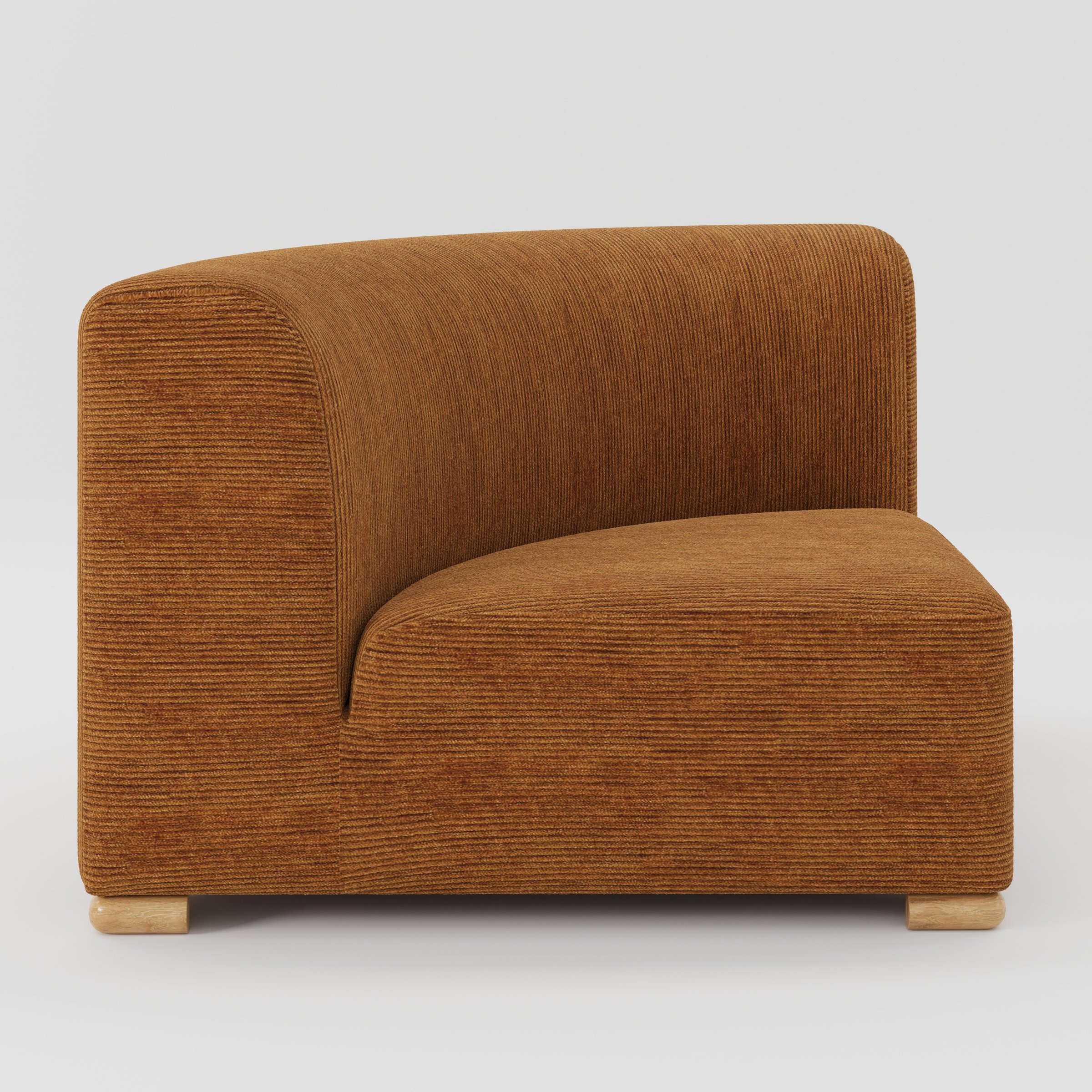 Tay corner sofa unit in Caldey Velvet Corduroy Tobacco shown from the side highlighting the curved backrest and deep seat with timber feet.