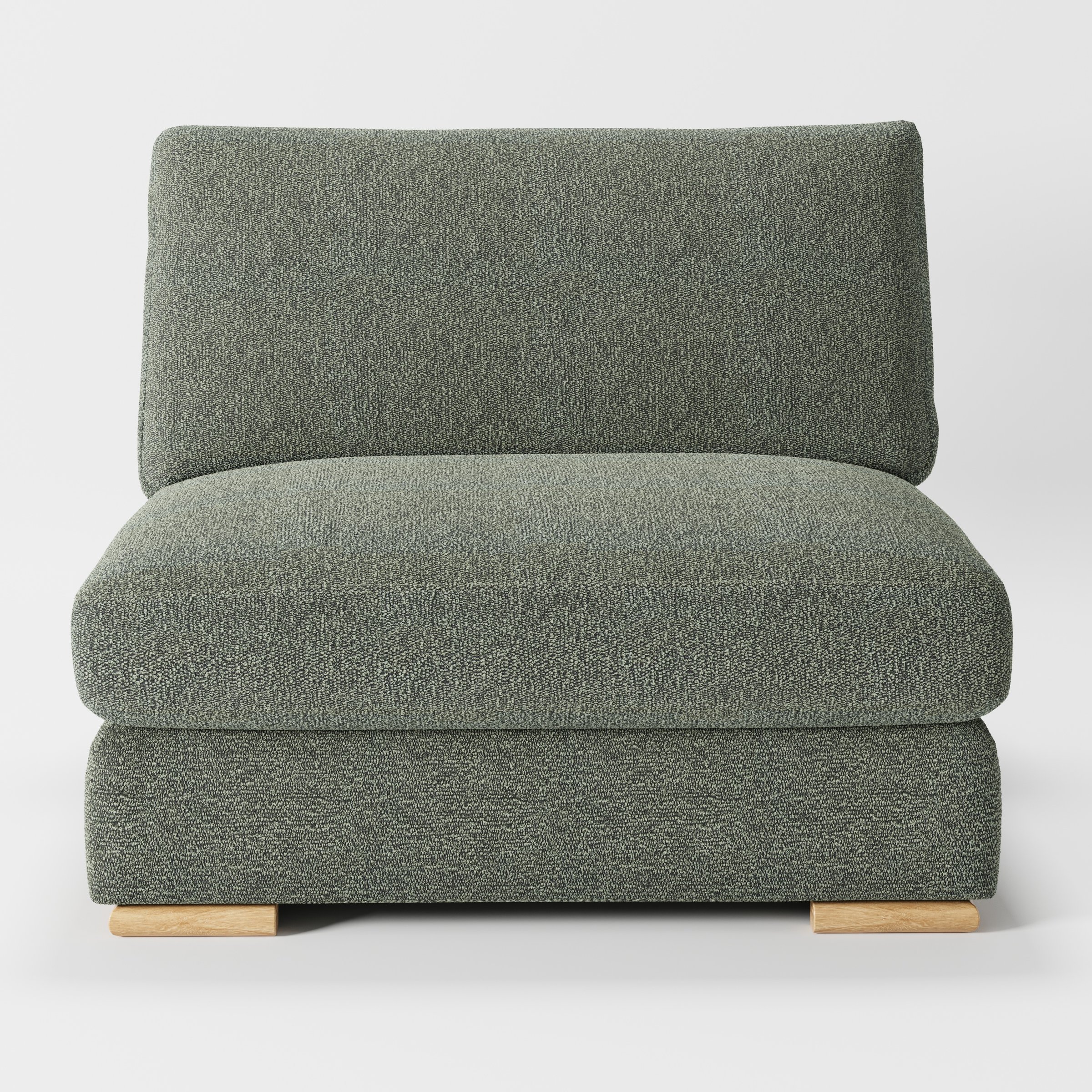 Olton single sofa unit in Kilda Bouclé Moss shown from the front with a deep seat cushion, separate back cushion and visible timber feet.