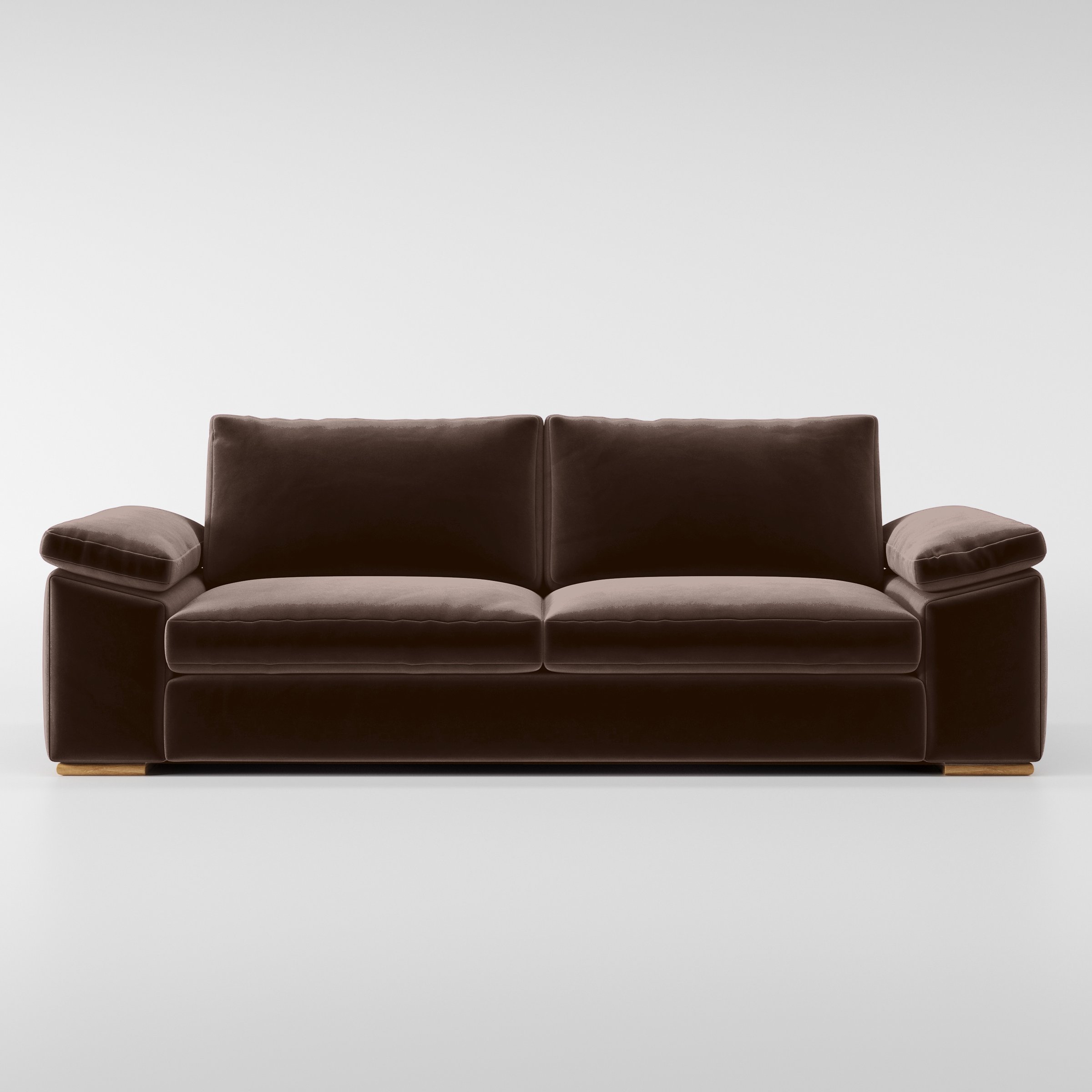 Front view of the Moy sofa upholstered in Plush EasyClean Velvet in Mole.