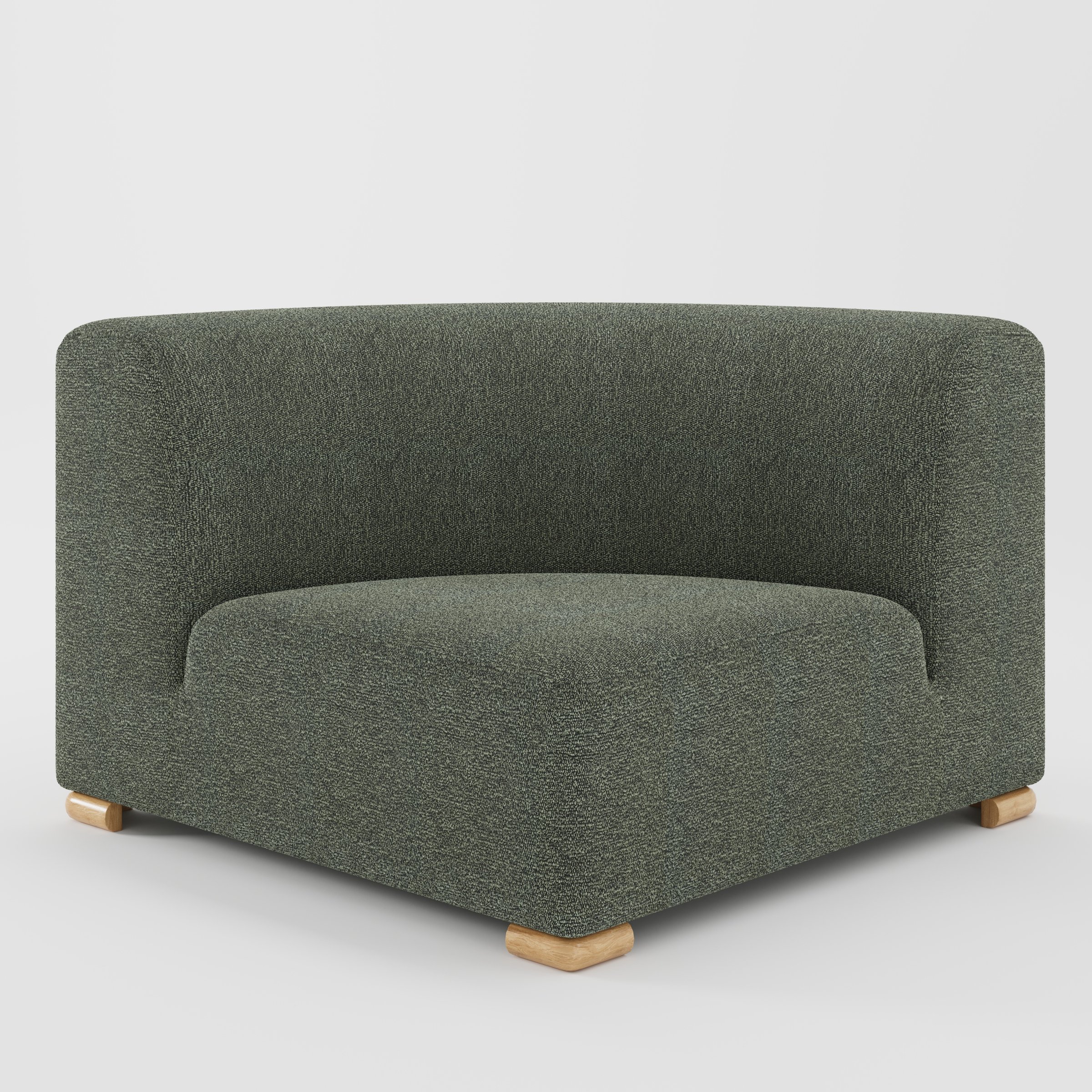 Tay corner sofa unit in Kilda Bouclé Moss shown from the front with a curved corner seat, wraparound backrest and visible timber feet.