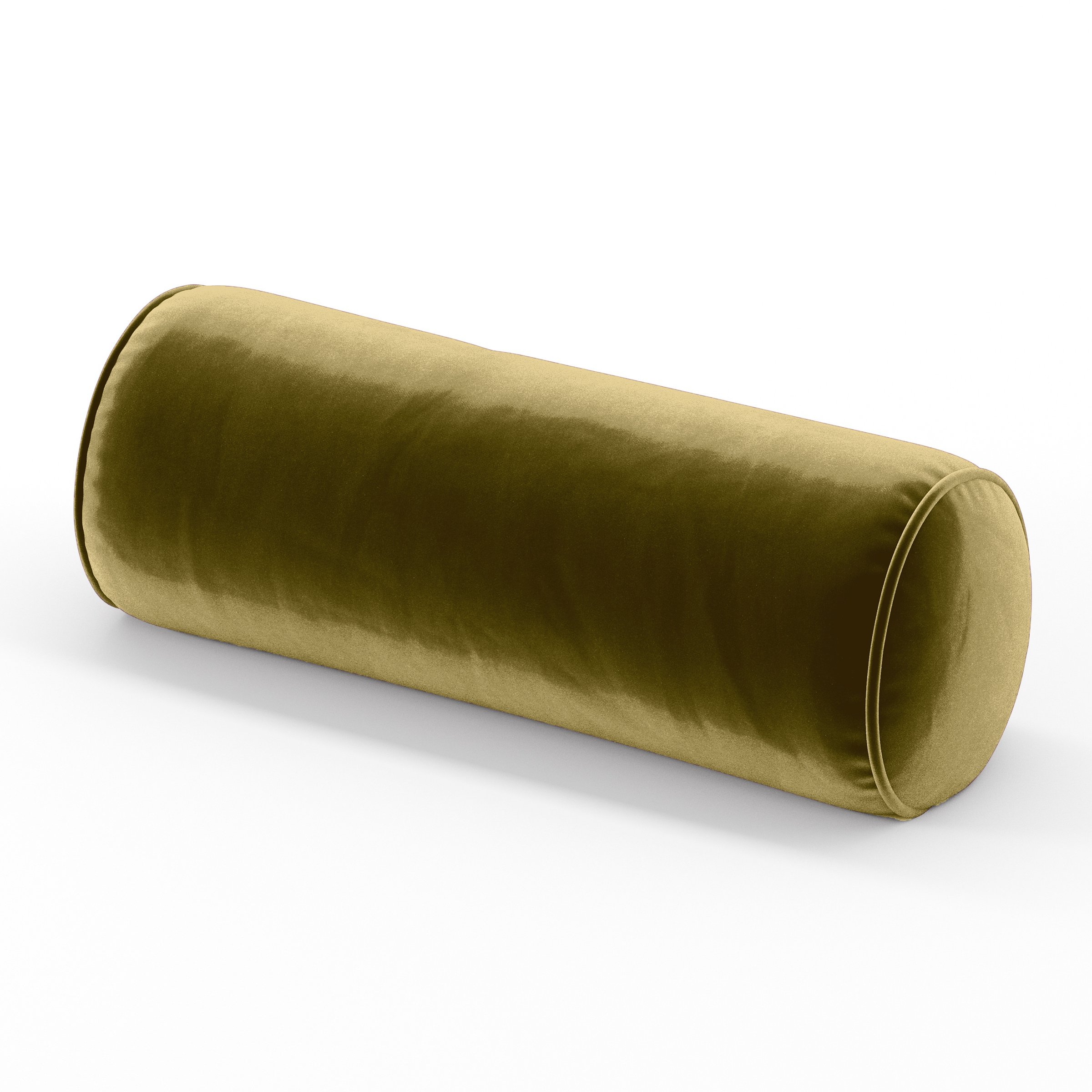 Ledger Cushion cylindrical bolster cushion with piping upholstered in Plush EasyClean Velvet in Celery, size 20cm x 56cm.