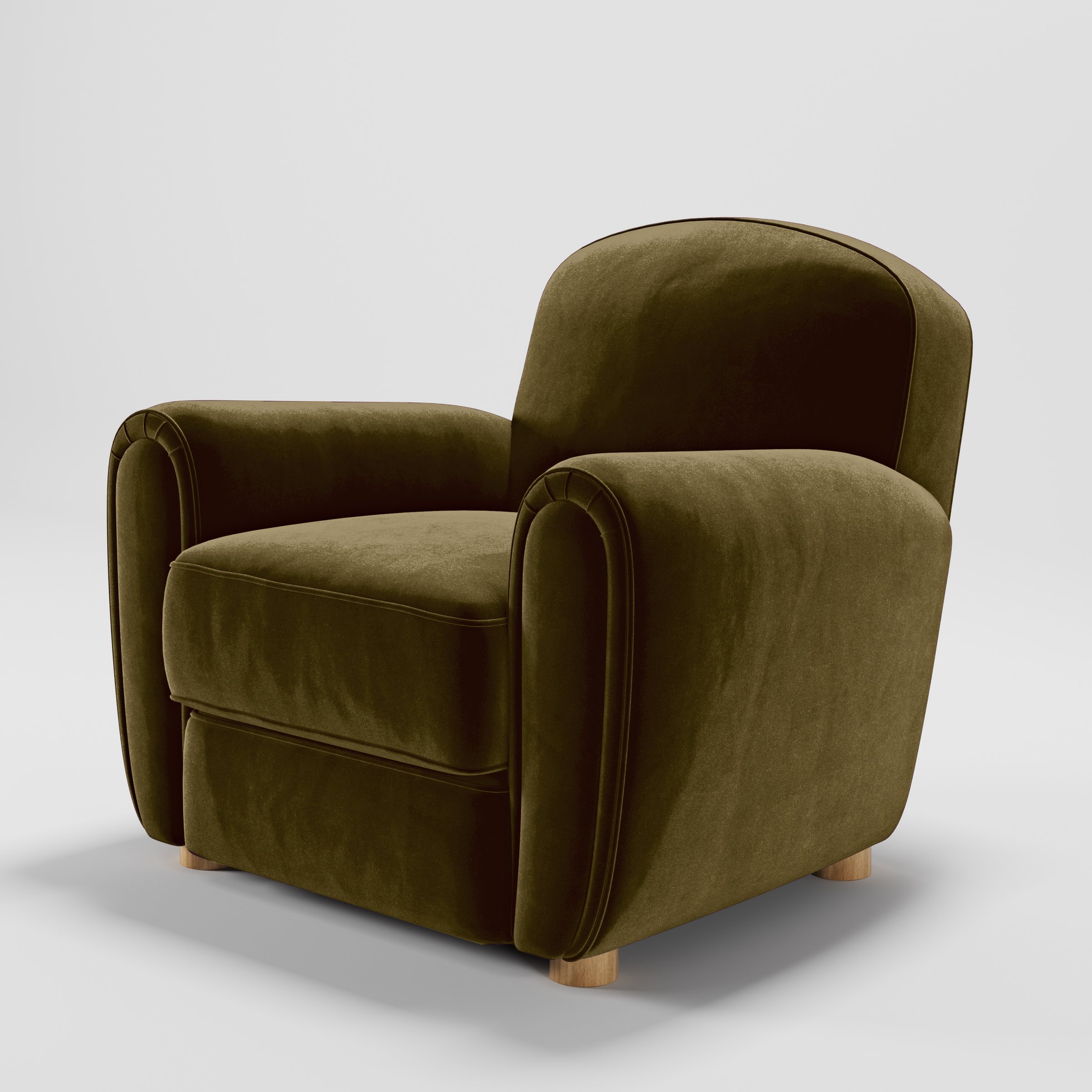 Diagonal view of the Fergus armchair upholstered in Plush EasyClean Velvet in Cedar.