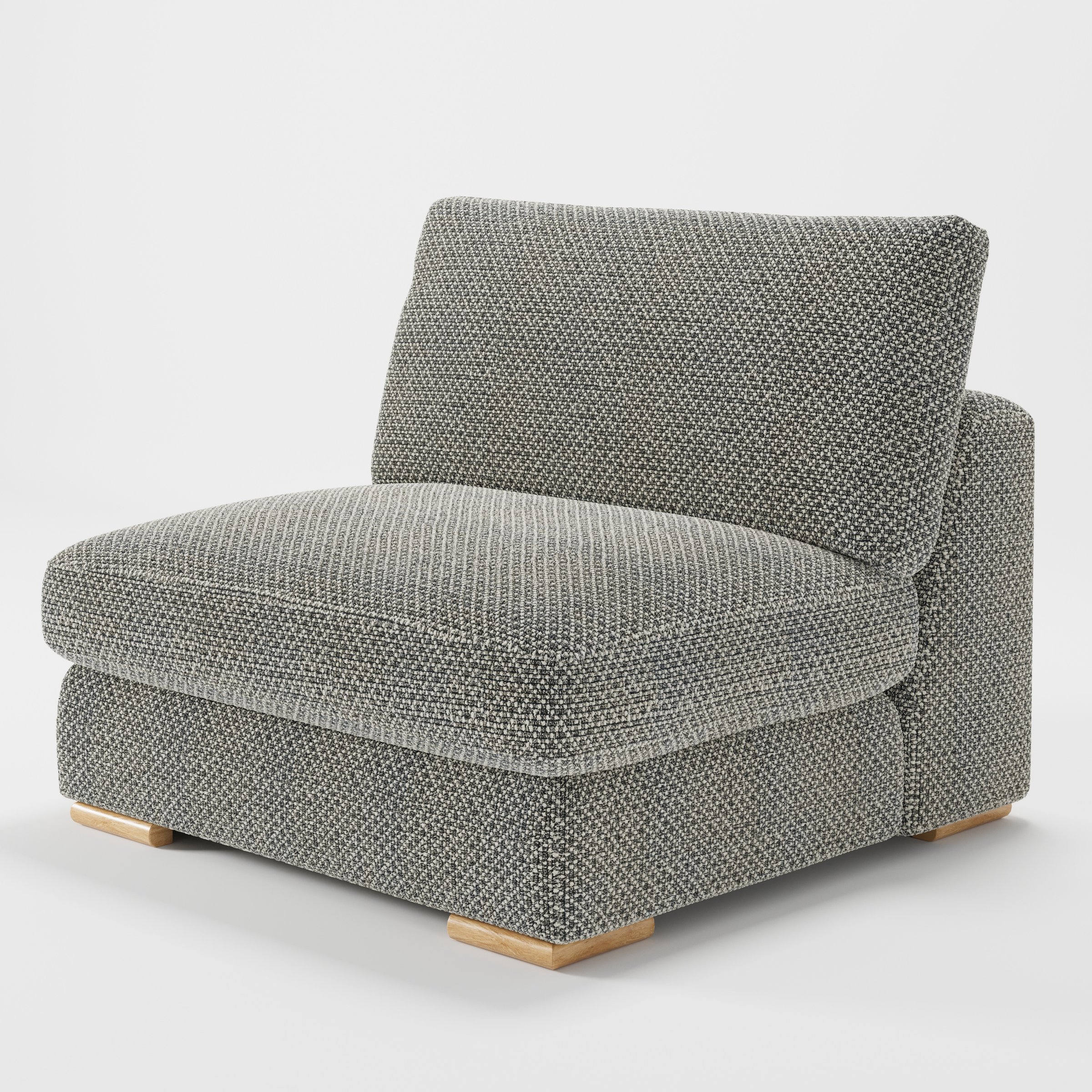 Olton single sofa unit in Rousay Wool Blend Tar and Chalk shown from a diagonal angle highlighting the deep seat, soft cushions and timber feet.