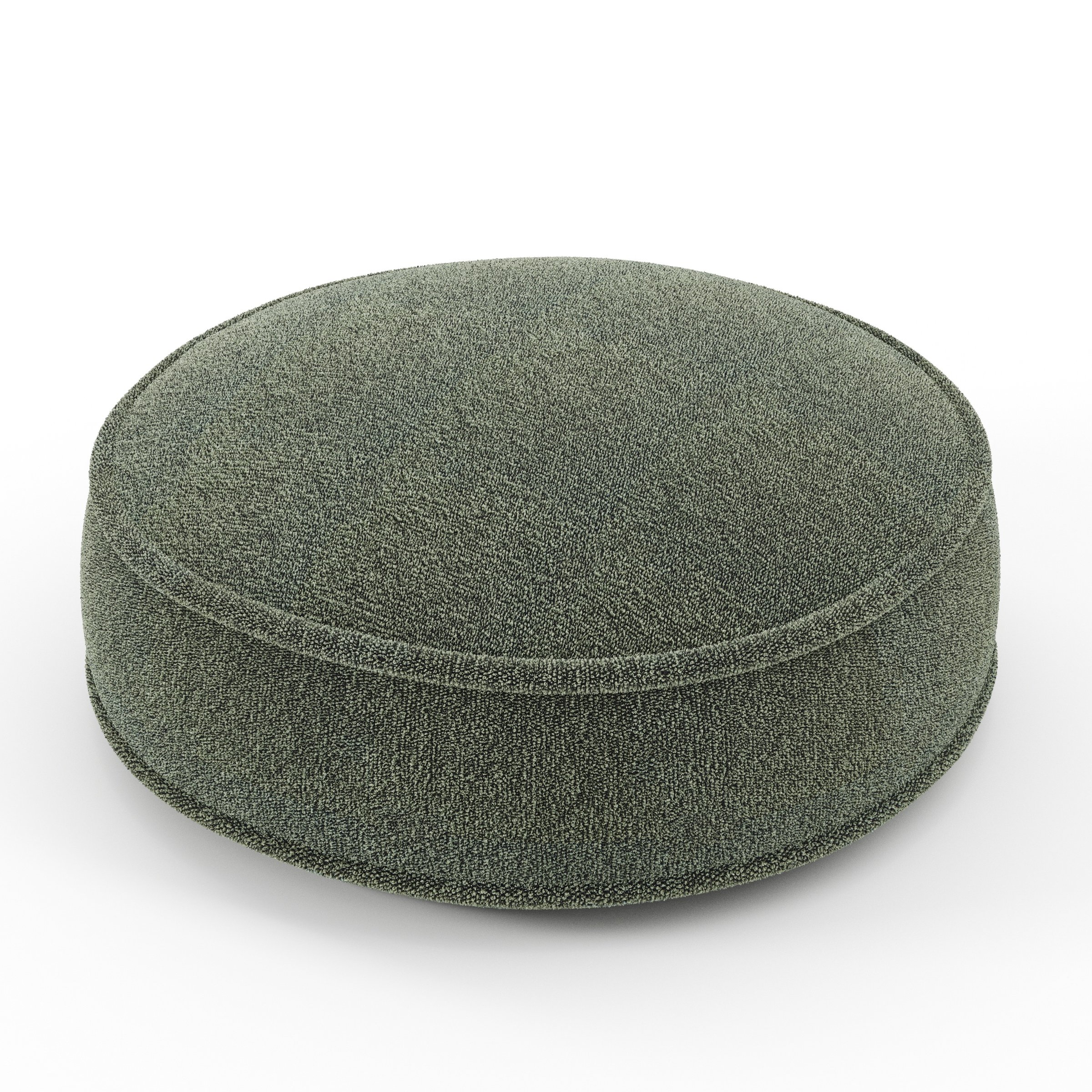 Orbit cushion in Kilda Boucle Moss, round simple cushion with border and piping in textured moss green boucle, size 40cm x 8.75cm
