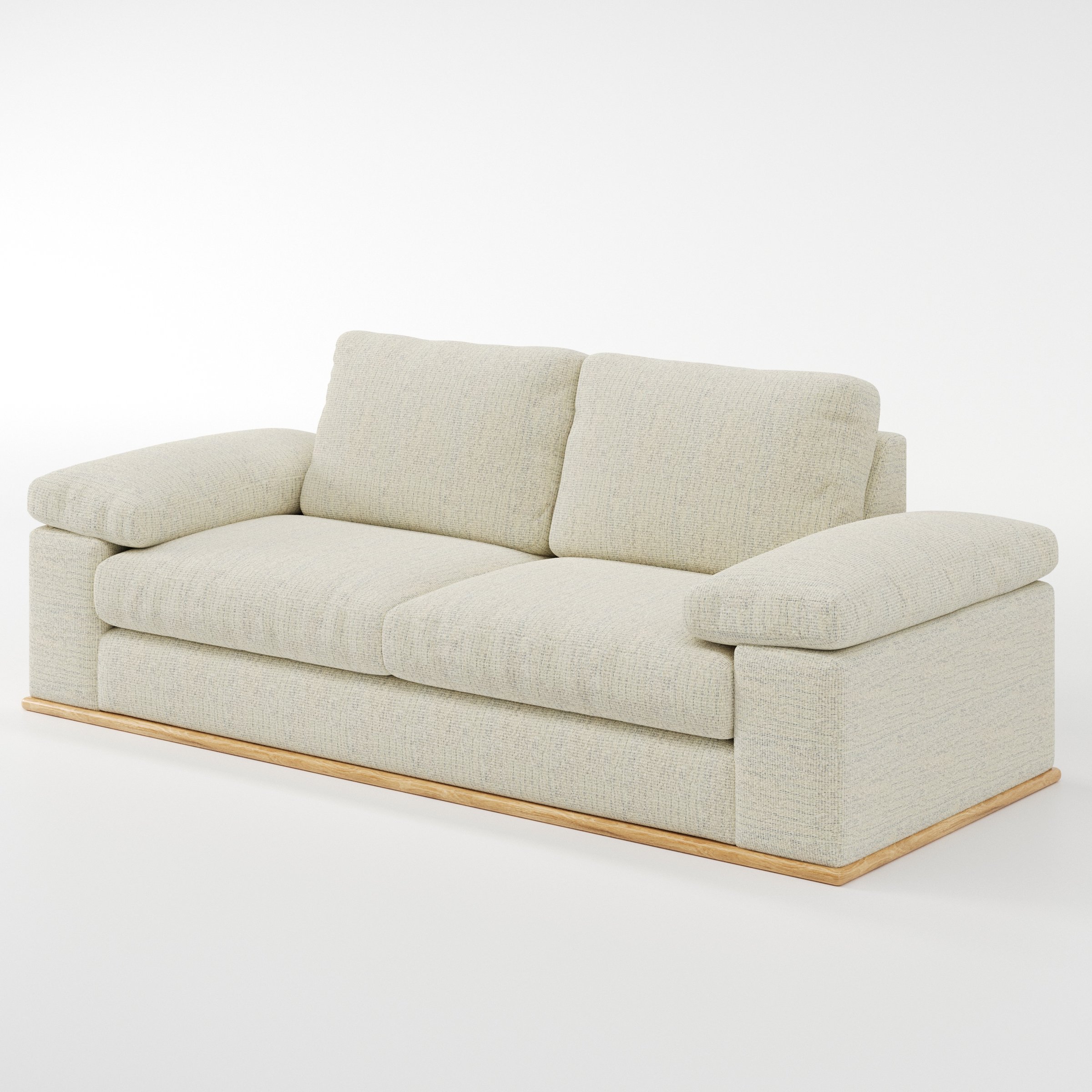 Cusher sofa in Orsay Boucle Cream and Marine shown at a diagonal angle highlighting arm profile and seat depth.