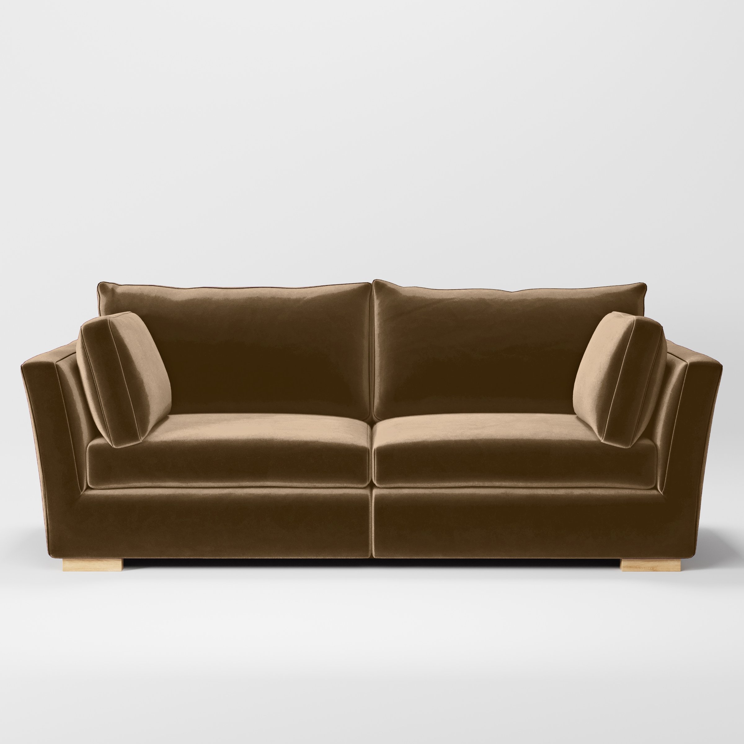 Front view of the Stowe sofa upholstered in Plush EasyClean Velvet in Caribou.