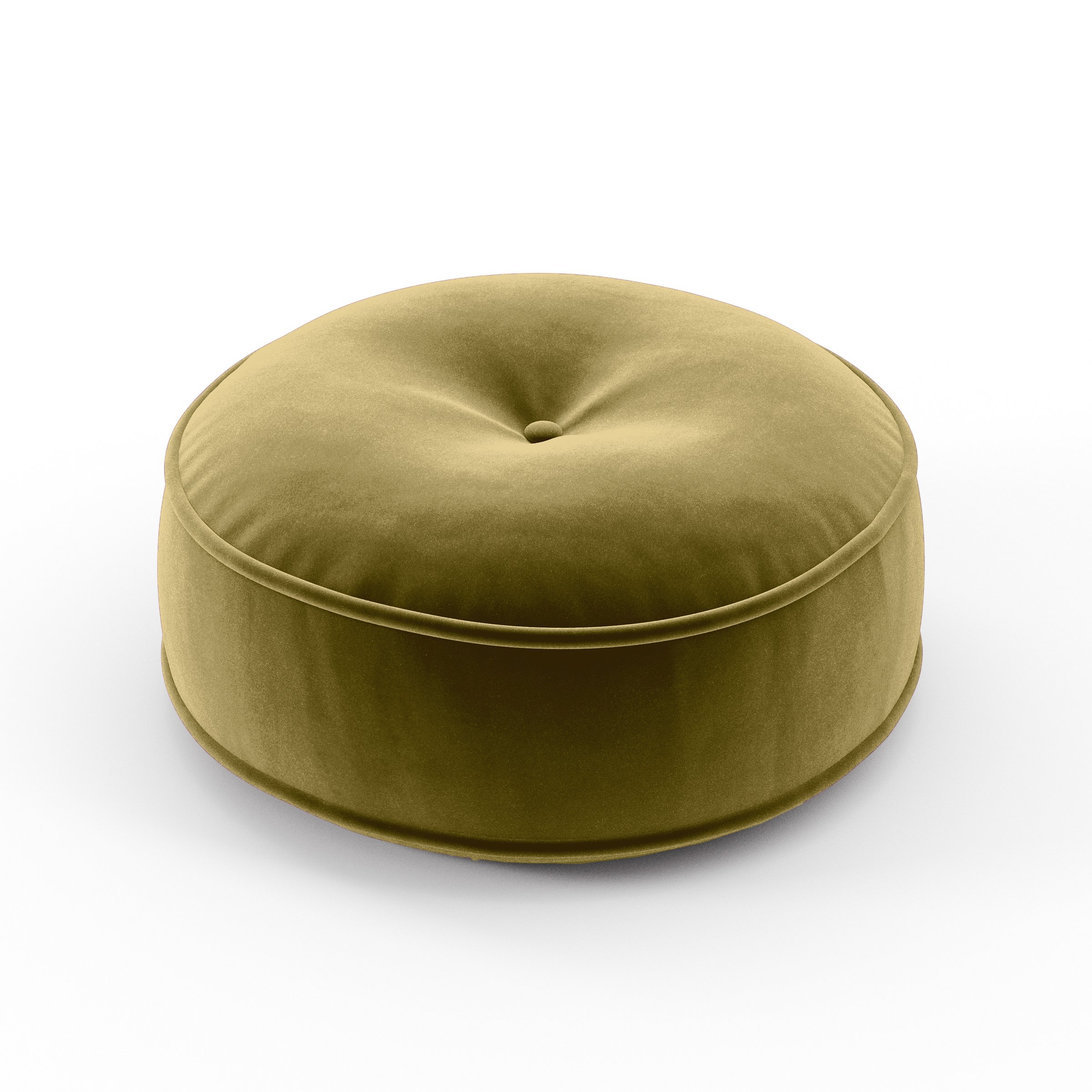 Cove Cushion round tufted cushion with piping upholstered in Plush EasyClean Velvet in Celery, size 40cm x 8.75cm.