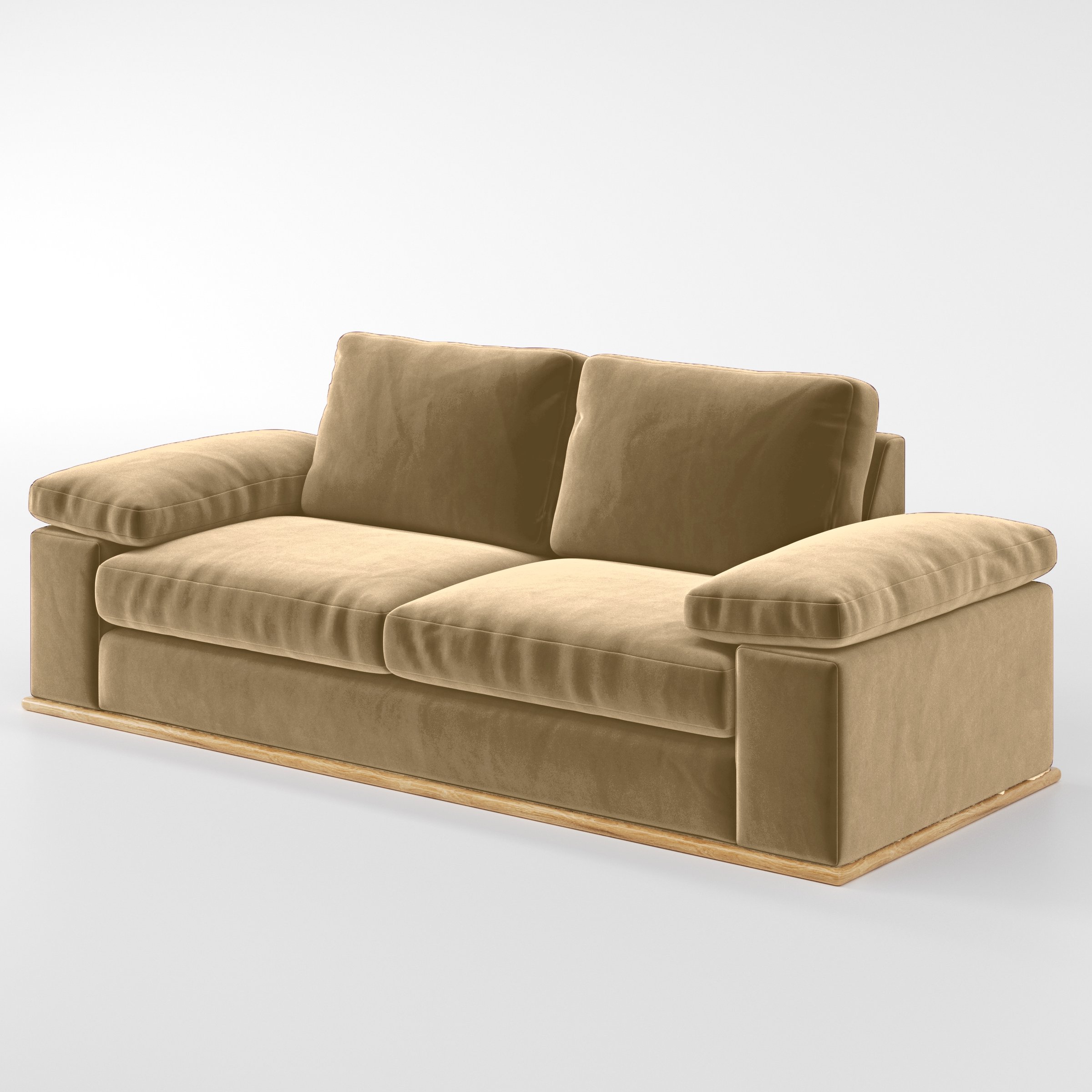 Diagonal view of the Cusher sofa upholstered in Plush EasyClean Velvet in Cafe.