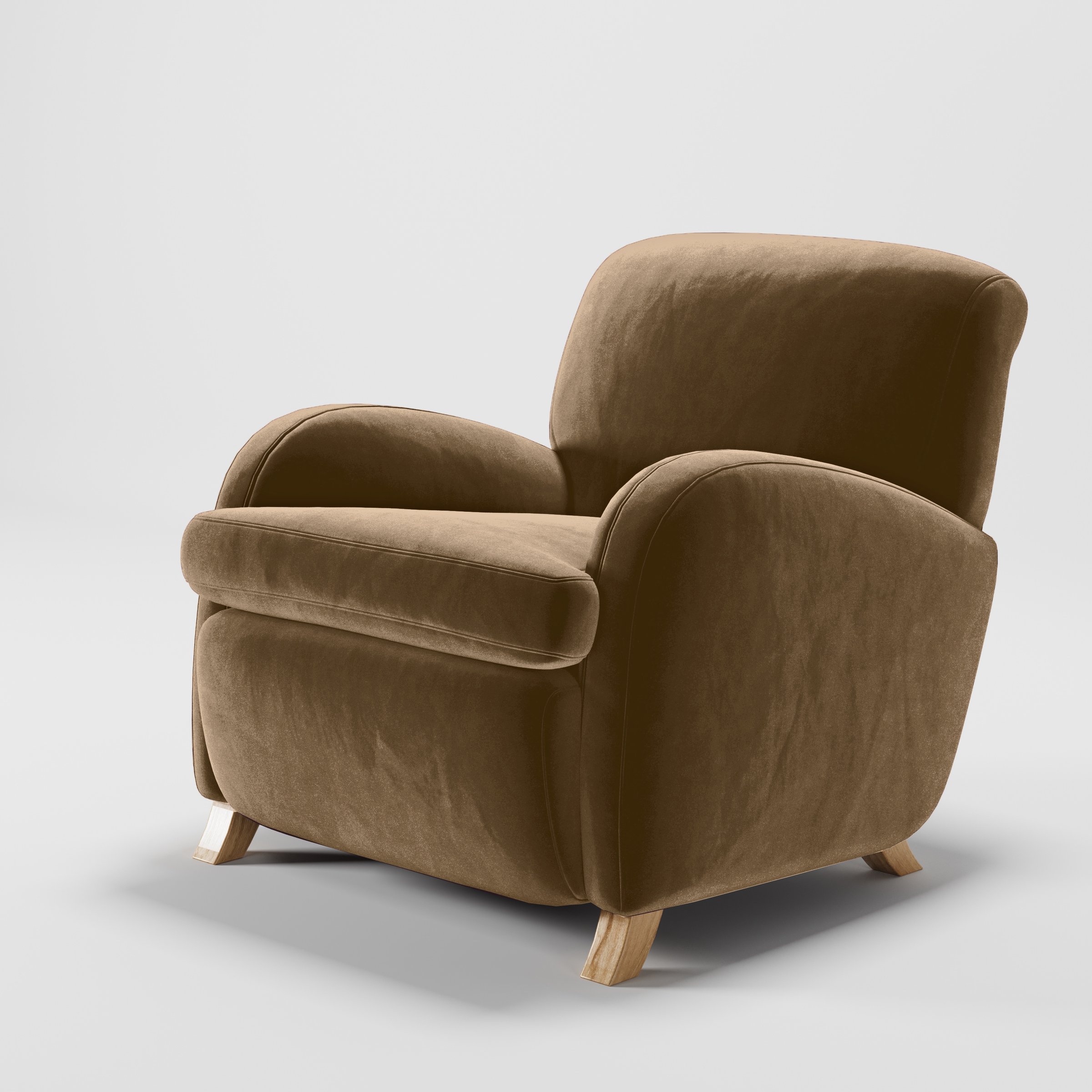 Diagonal view of the Rye armchair upholstered in Plush EasyClean Velvet in Caribou.