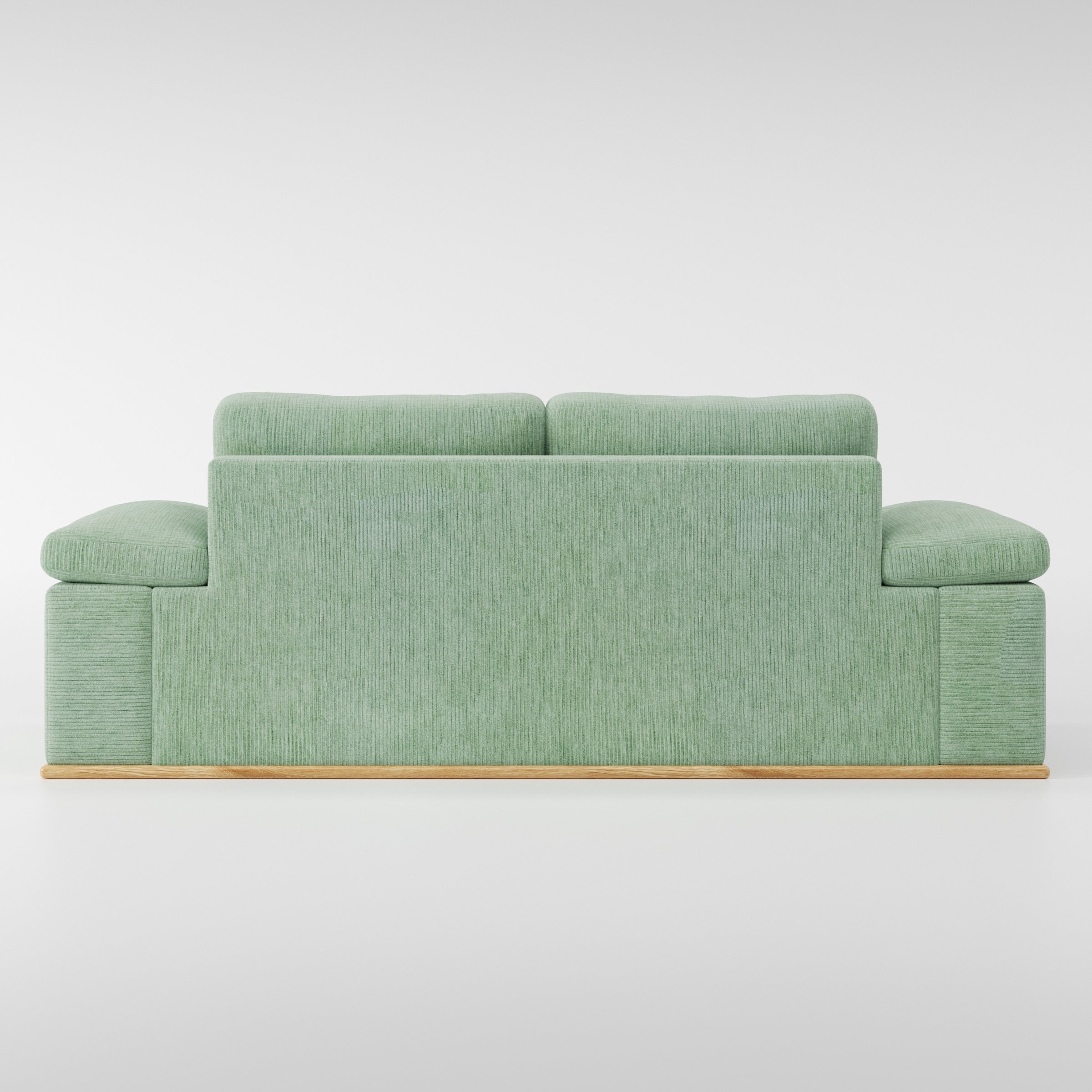 Cusher sofa in Caldey Velvet Corduroy Eucalyptus shown from the rear highlighting back cushions and upholstery finish.