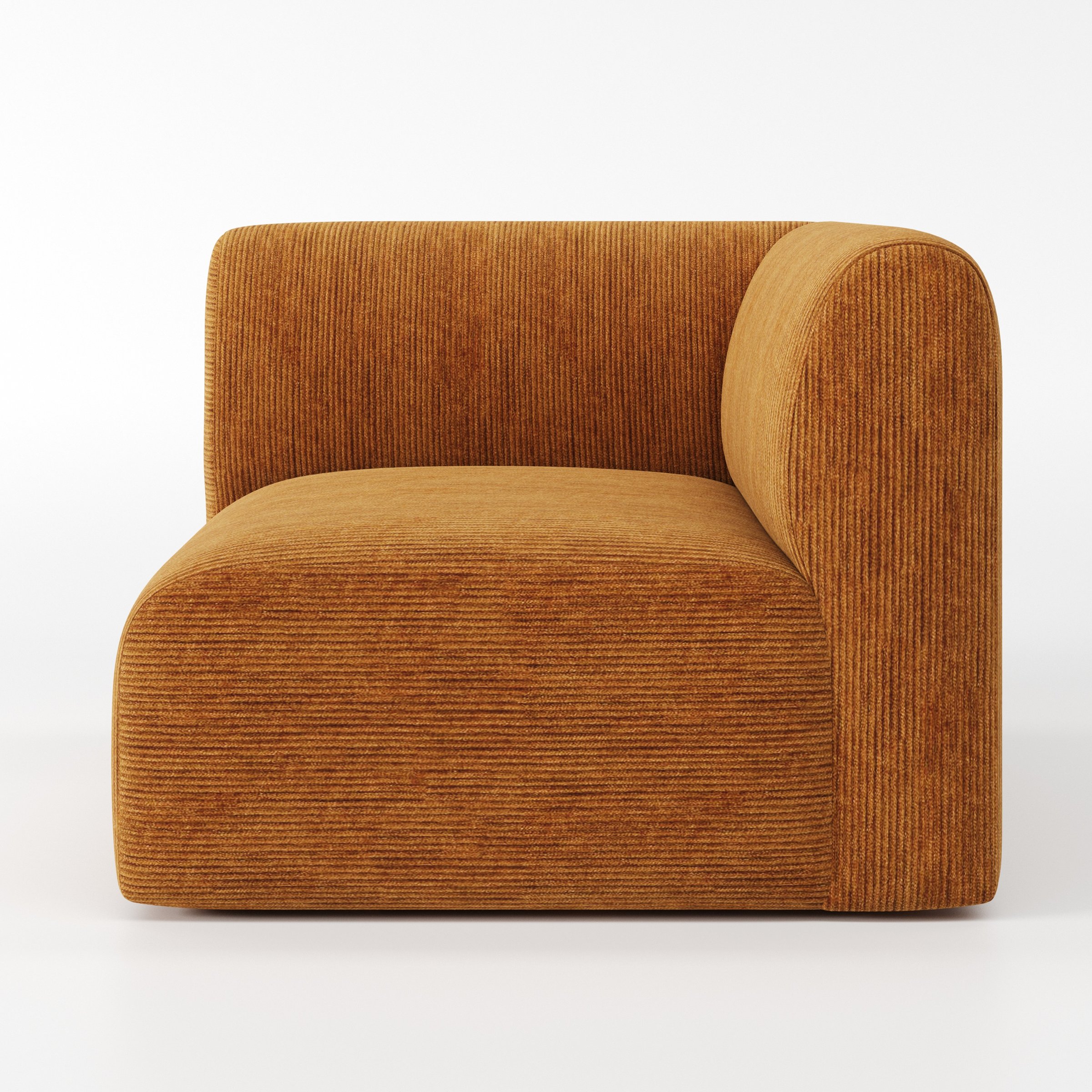 Drumquin modular sofa corner unit in Caldey Velvet Corduroy Tobacco shown from the right highlighting the wraparound back and soft, sculpted form.