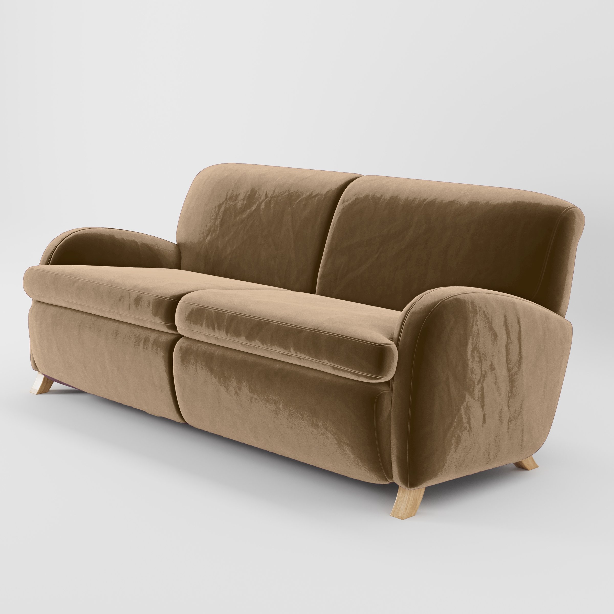 Diagonal view of the Rye sofa upholstered in Plush EasyClean Velvet in Caribou.