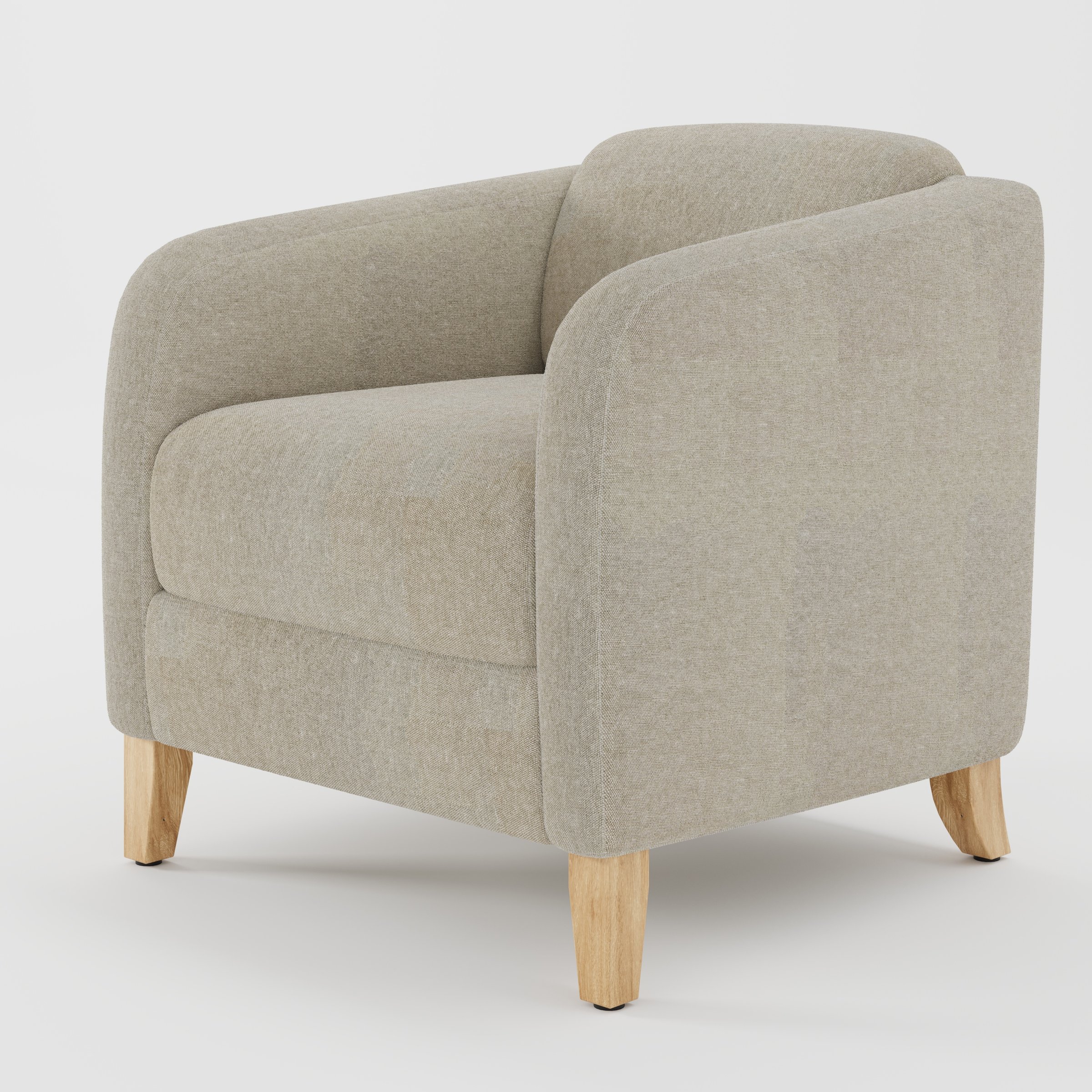 Erne armchair in Alderney Linen Oatmeal shown at a diagonal angle highlighting curved arms and compact seat depth.