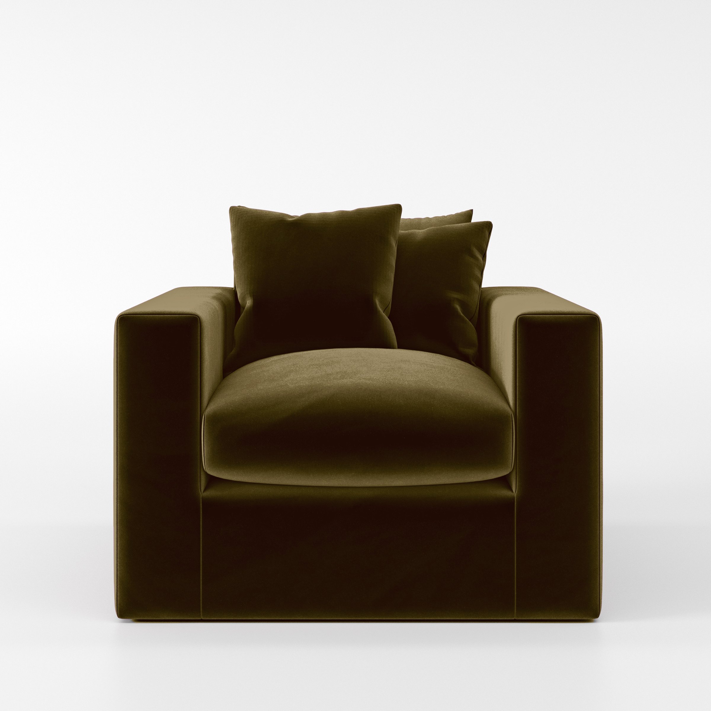 Front view of the Coniston armchair upholstered in Plush EasyClean Velvet in Cedar.